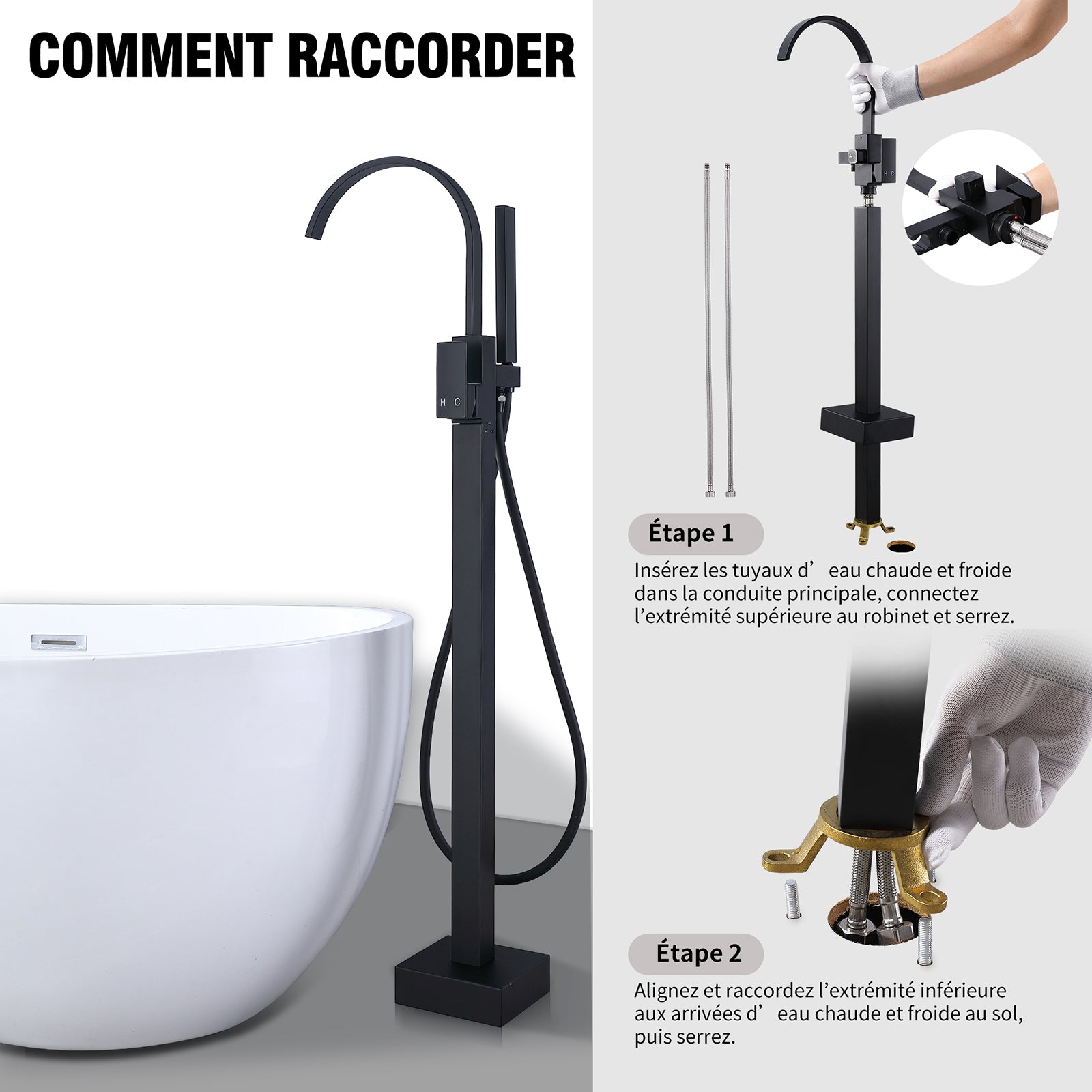 Homelody Mitigeur de Baignoire sur Pied Noir en Laiton, Bec Cascade Pivotant 360°, Double Sortie (Bec + Douchette), Mitigeur Monocommande Réglable