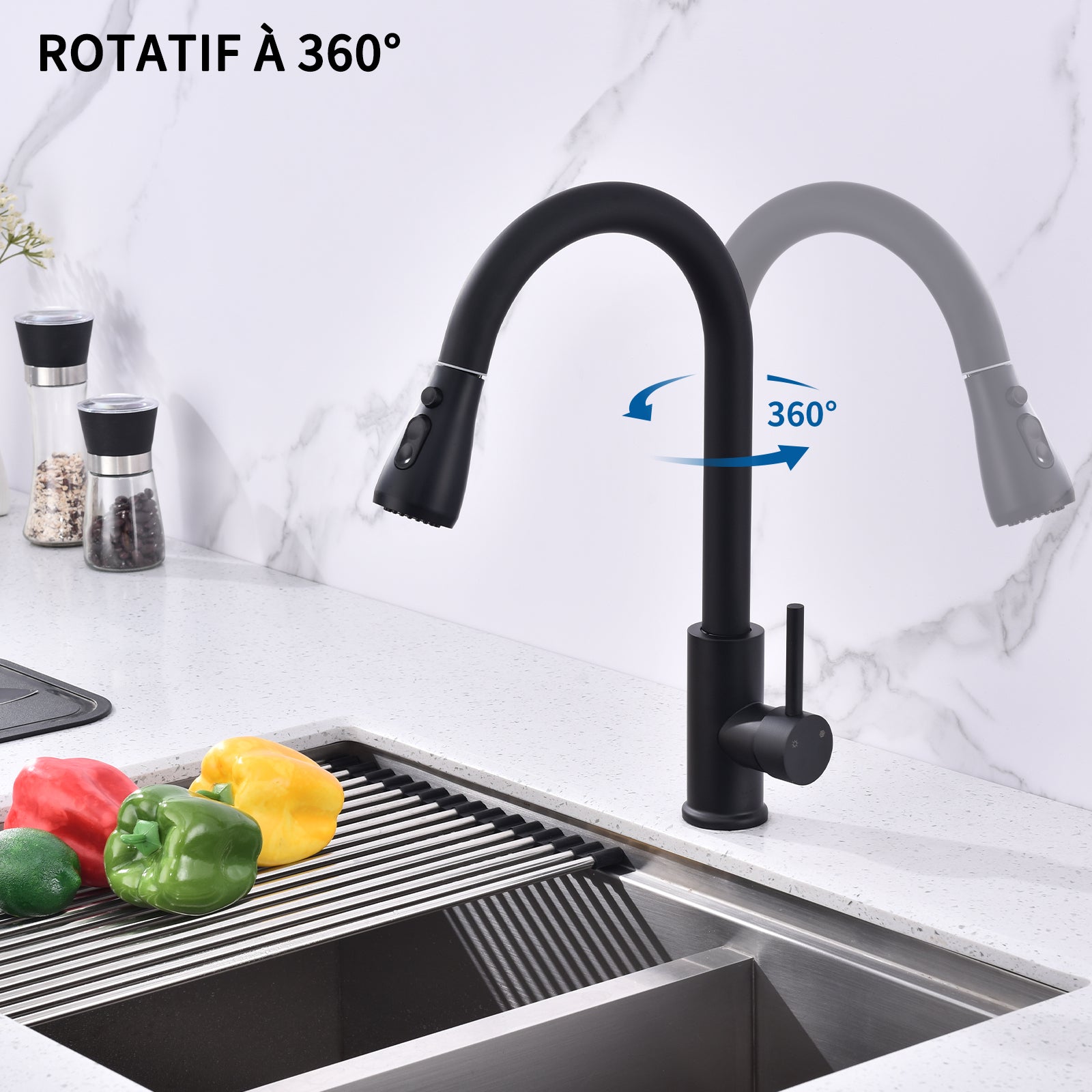 HOMELODY Robinet de cuisine avec douchette - Robinet de cuisine extensible avec 3 modes - Robinet de cuisine rotatif à 360° - Mitigeur d'évier extensible - Mitigeur monocommande en Laiton