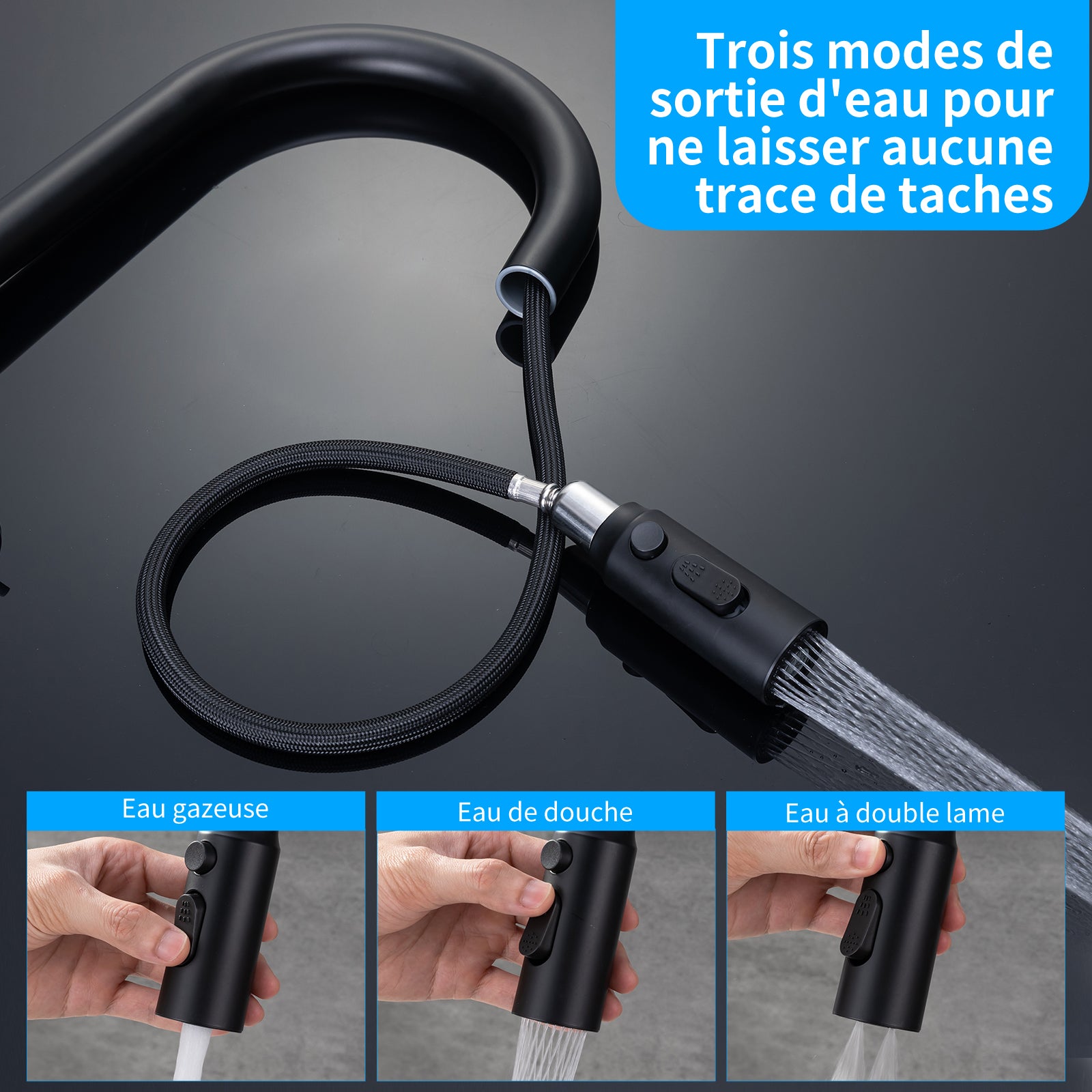 Homelody Mitigeur Cuisine Noir - Robinet de cuisine cascade avec Rotation à 360 ° avec Douchette Extractible 3 Jets