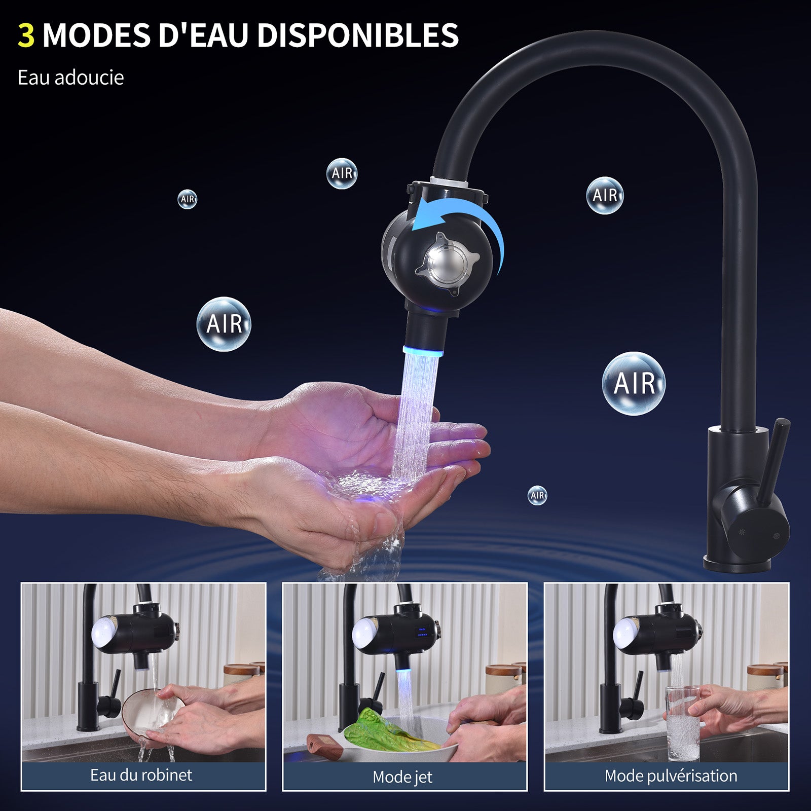 HOMELODY Filtre à eau robinet 3.0 avec affichage LED, filtre à eau potable pour cuisine, élimine le chlore, les métaux lourds et le mauvais goût, 12 adaptateurs avec lumière bleue (1 filtre inclus)