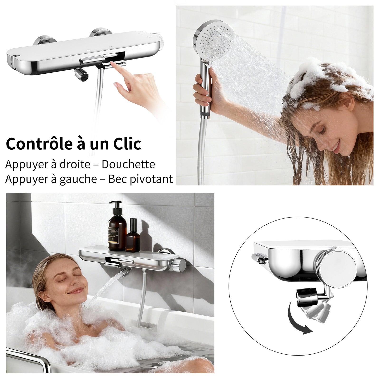 HOMELODY Robinet Baignoire avec Tablette 120×370 mm, Douchette à Main et Sortie Bain, Chrome
