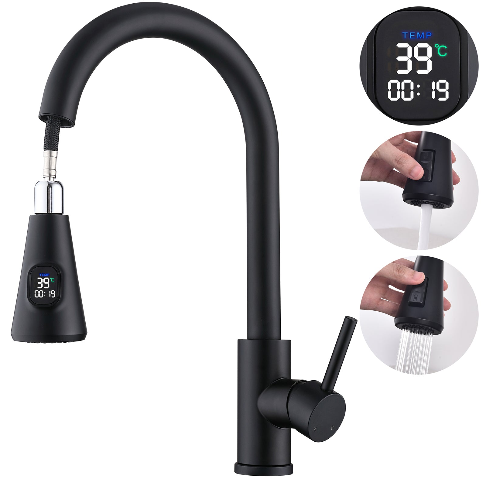 Homelody Robinet Cuisine Avec Affichage LED Température,Mitigeur Cuisine Avec Douchette Pivotant à 360° d'Évier à Arc Élevé Pulvérisateur Escamotable 2 Modes, Acier Inoxydable