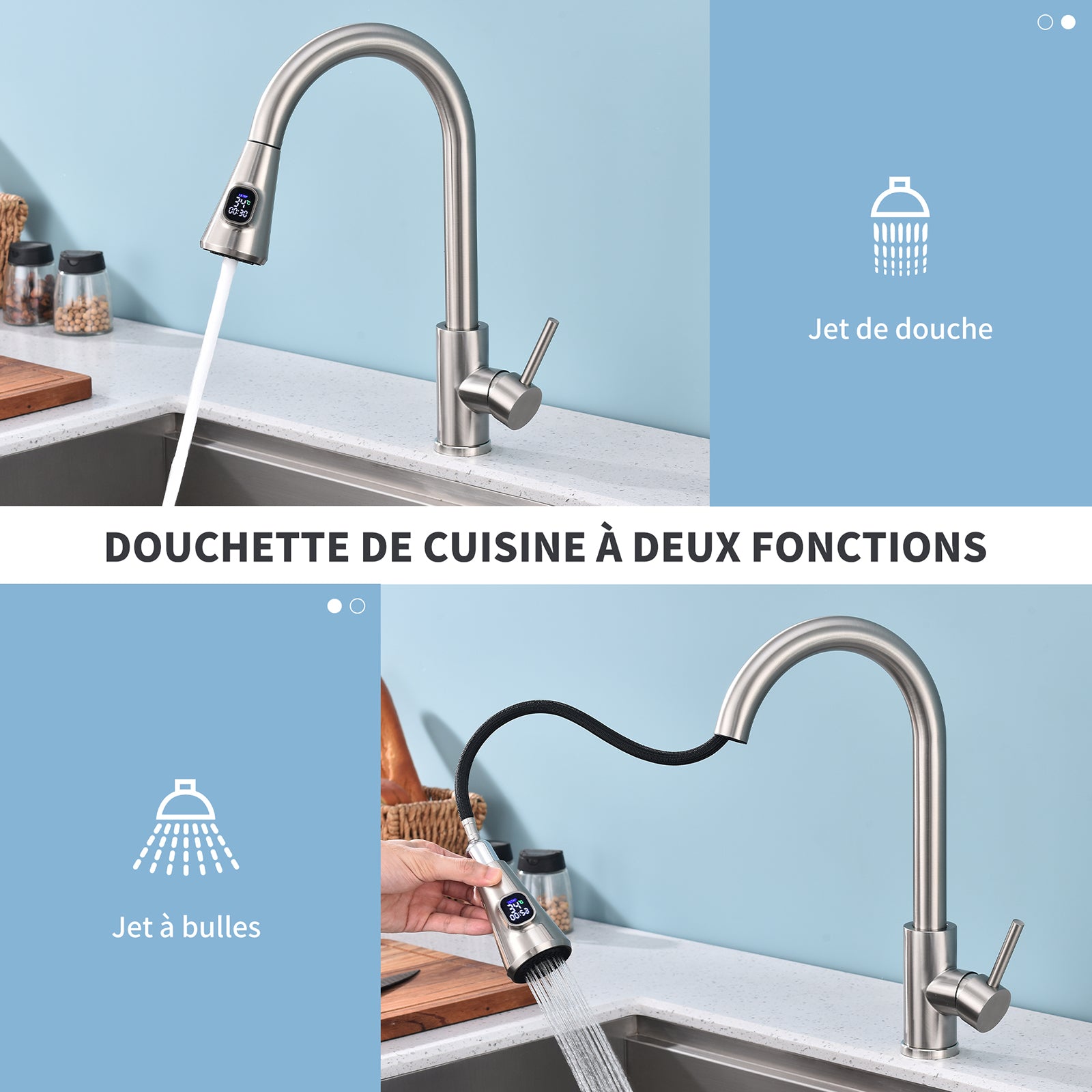Homelody Robinet Cuisine Avec Affichage LED Température,Mitigeur Cuisine Avec Douchette Pivotant à 360° d'Évier à Arc Élevé Pulvérisateur Escamotable 2 Modes, Acier Inoxydable