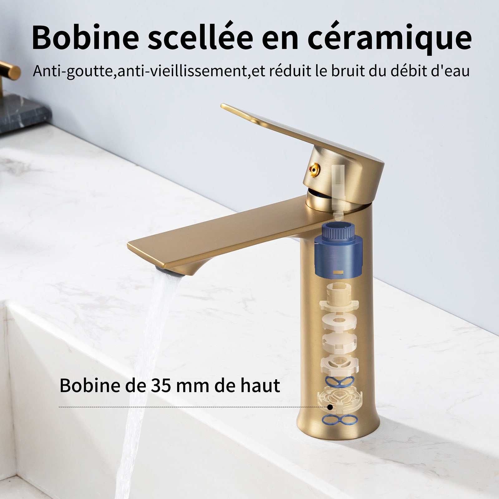 Homelody Mitigeur Lavabo Doré Monocommande – Robinet Salle de Bain en Inox, Température et Débit Réglables
