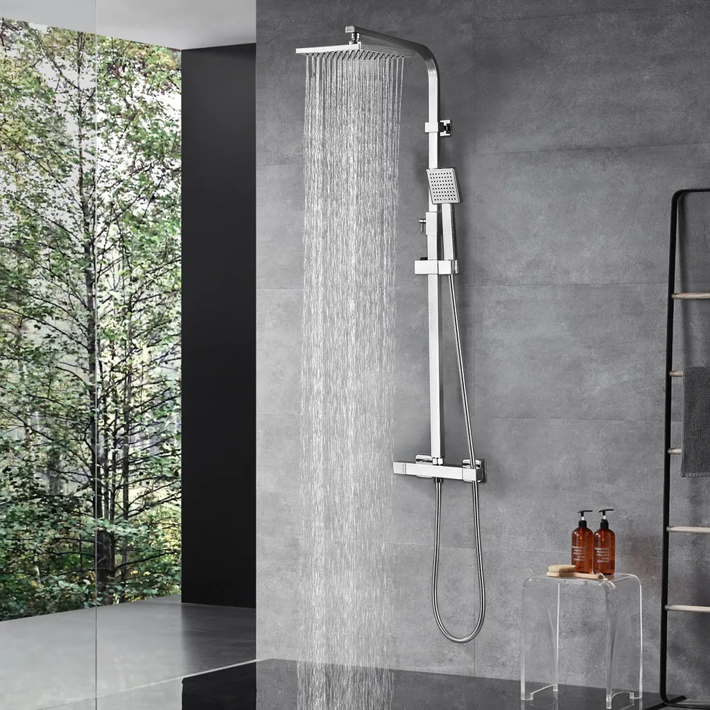Système de douche Homelody avec thermostat, kit de douche en laiton avec robinetterie Pomme de douche à effet pluie (200 x 200 mm) Douchette, flexible, barre de douche, robinetterie de douche