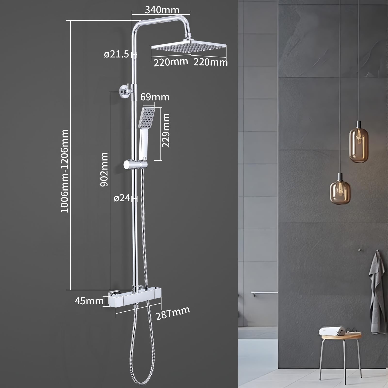 HOMELODY Système de douche avec thermostat chromé - Robinet de douche en acier inoxydable - Douche de pluie avec robinet avec verrouillage de sécurité à 38 °C - Douchette ABS - Douchette de tête -