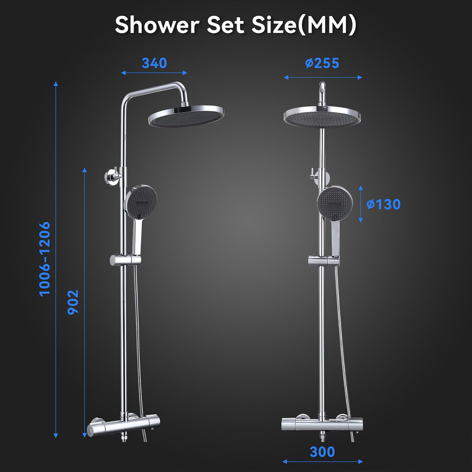 HOMELODY Système de douche avec thermostat, mitigeur de douche, 3 types de jets, pommeau de douche rond, douche de pluie, avec robinet, pommeau de douche de 30 cm, ensemble de douche