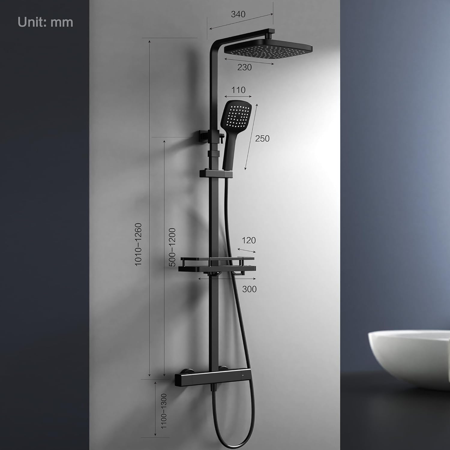 HOMELODY Système de douche avec thermostat et étagère de douche noir - Hauteur réglable - Verrouillage de sécurité à 38 °C