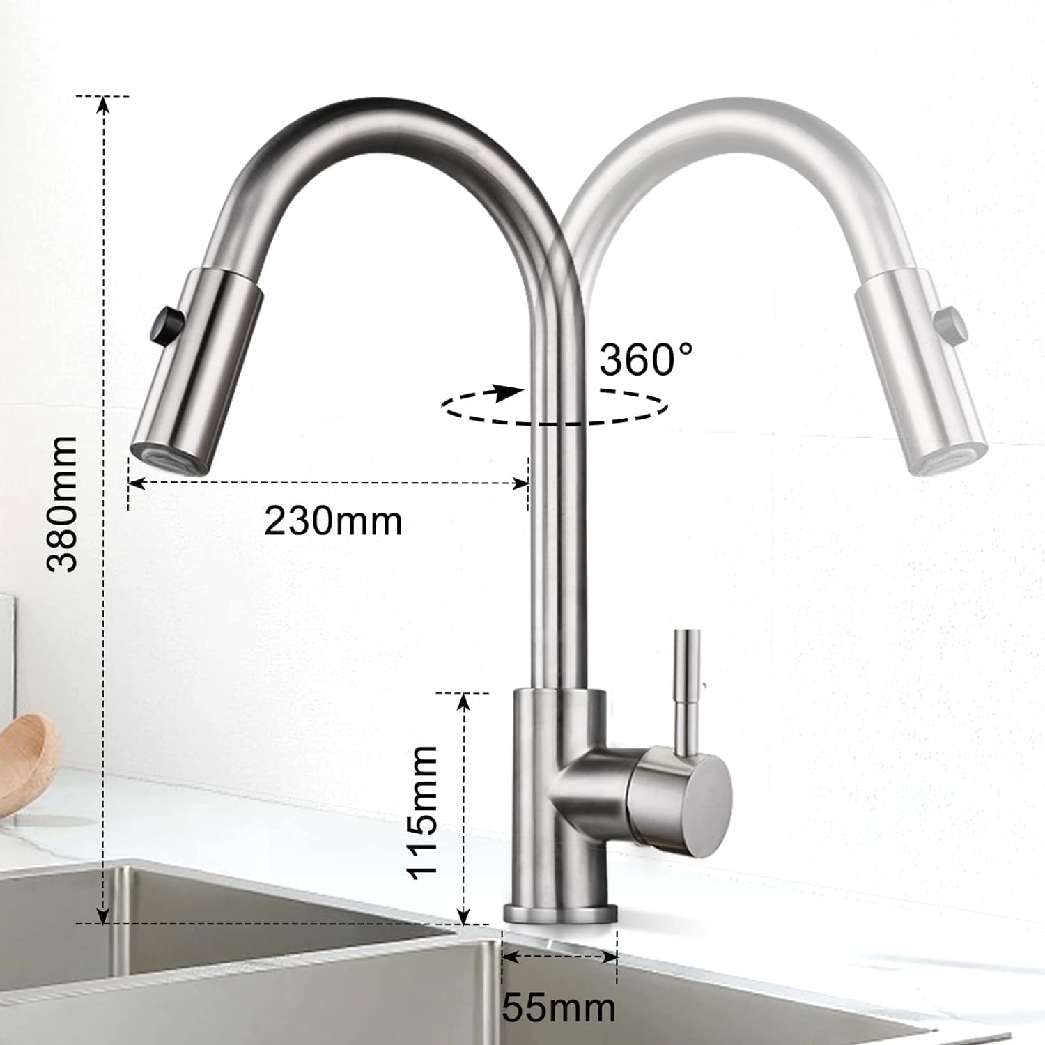 HOMELODY Robinet de cuisine pivotant à 360° avec douchette extensible - Robinet d'évier avec 2 modes de pulvérisation - Robinet haute pression
