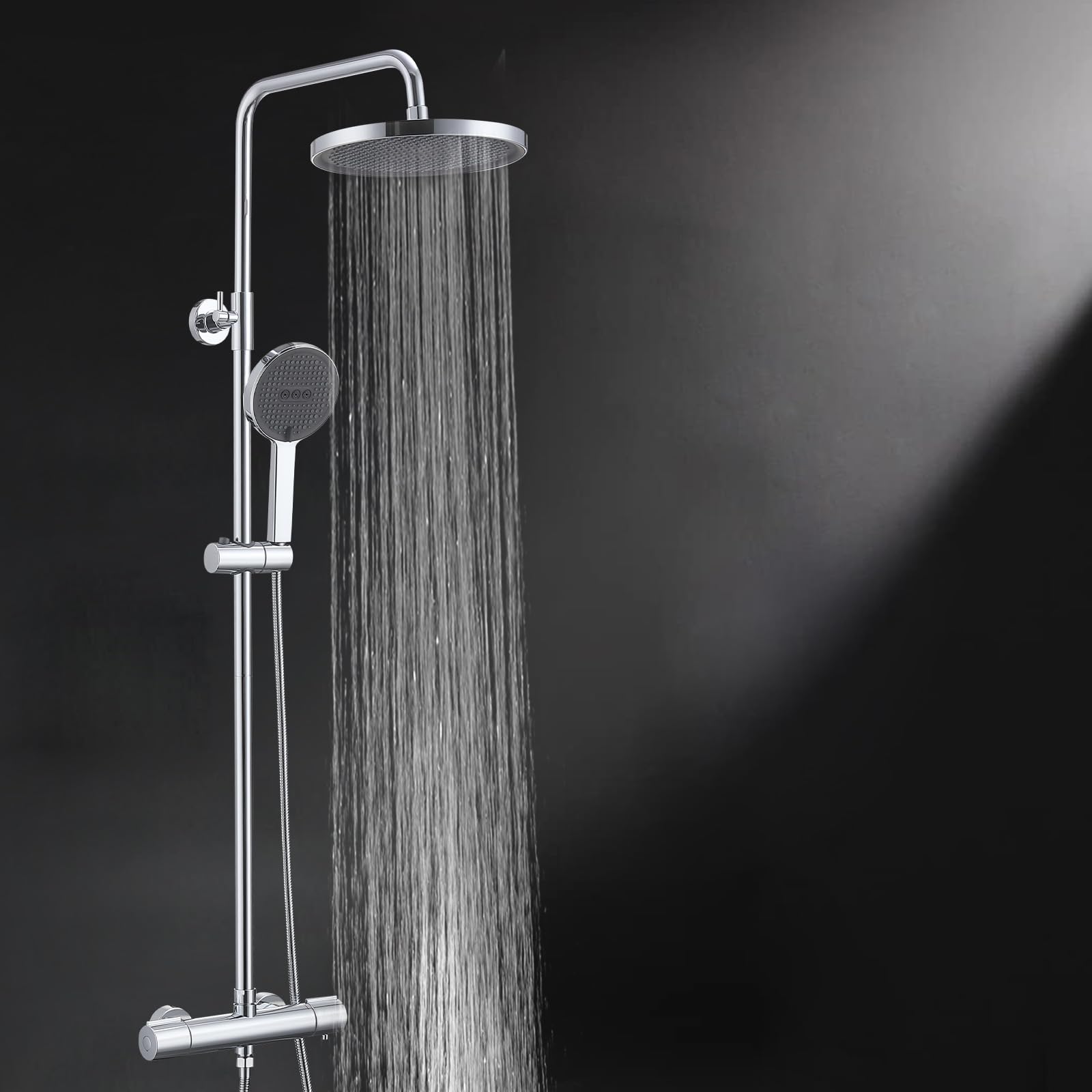 HOMELODY Système de douche avec thermostat, mitigeur de douche, 3 types de jets, pommeau de douche rond, douche de pluie, avec robinet, pommeau de douche de 30 cm, ensemble de douche