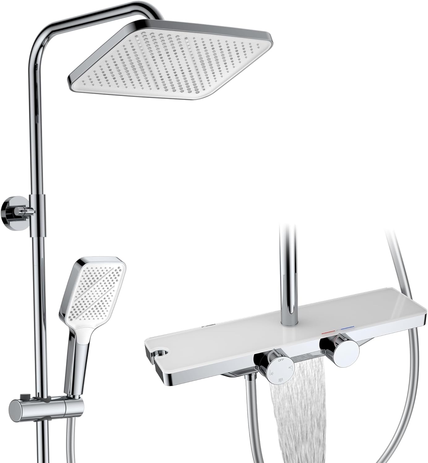 HOMELODY Système de douche avec thermostat et étagère en verre chromé – Robinet de douche complet avec douchette de 30 cm, 3 types de jet et bec inférieur