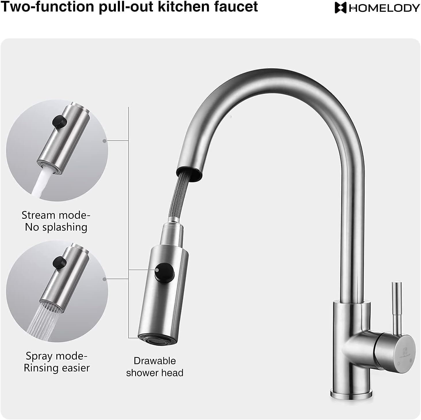 HOMELODY Robinet de cuisine pivotant à 360° avec douchette extensible - Robinet d'évier avec 2 modes de pulvérisation - Robinet haute pression