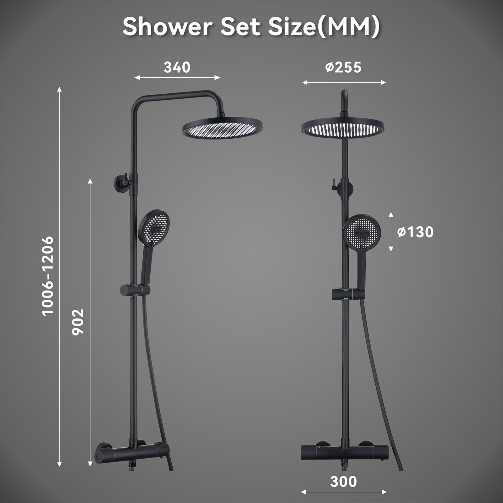 HOMELODY Système de douche, avec thermostat, robinet de douche, 3 types de jets, pommeau de douche rond, douche de pluie, avec robinet, pommeau de douche de 30 cm, noir