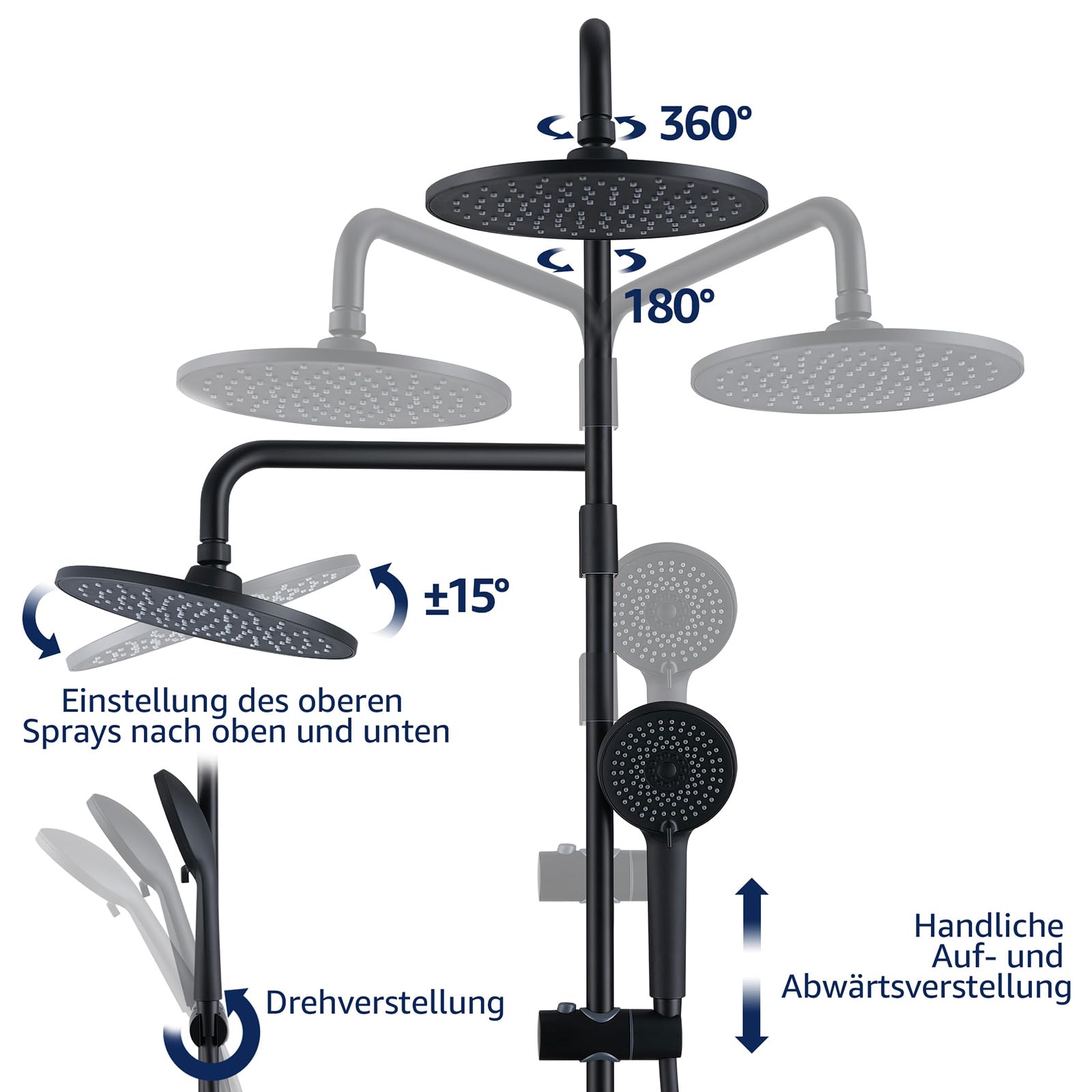 Homelody Système de douche sans thermostat, douche à effet pluie, douchette, hauteur réglable, en acier inoxydable SUS304, noir