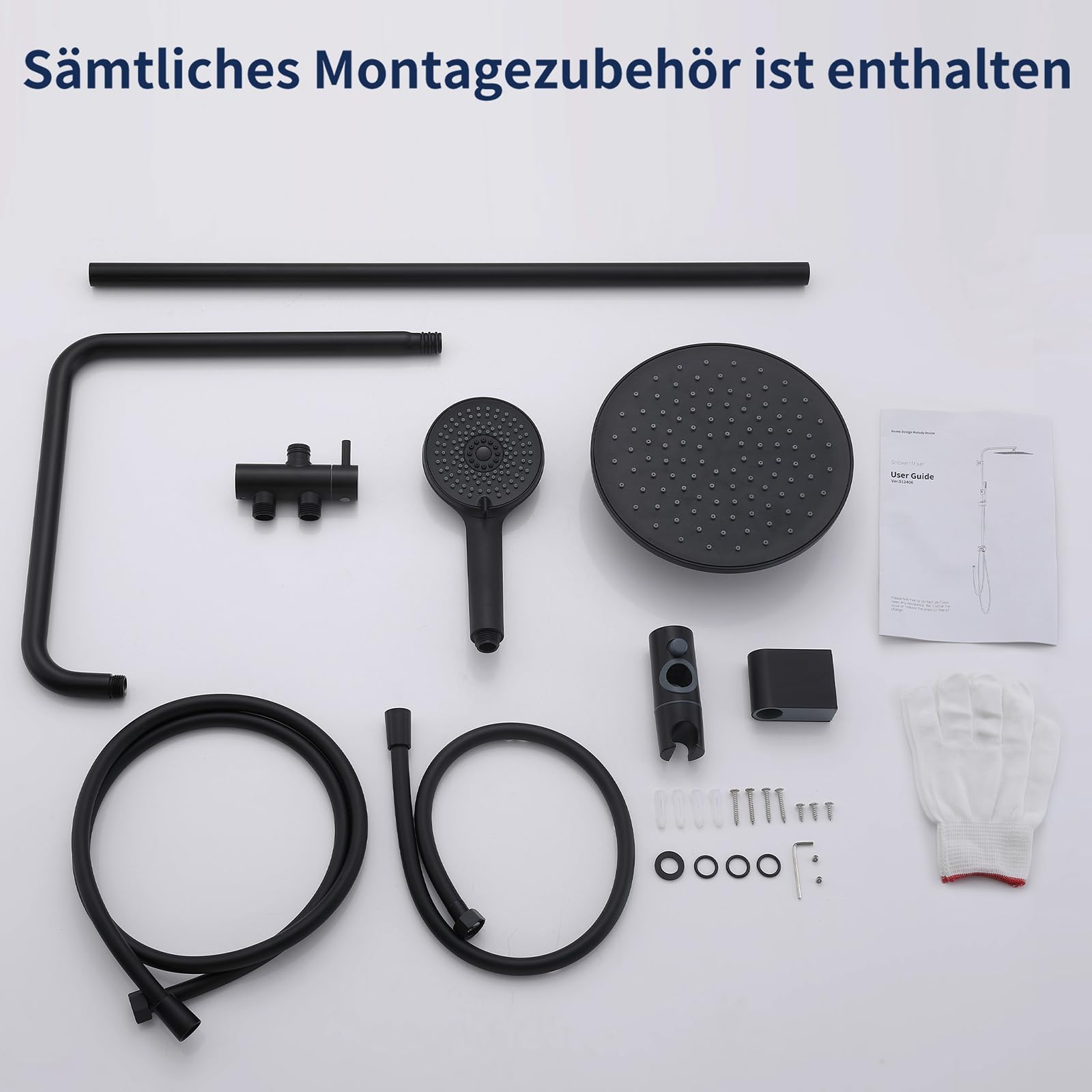 Homelody Système de douche sans thermostat, douche à effet pluie, douchette, hauteur réglable, en acier inoxydable SUS304, noir