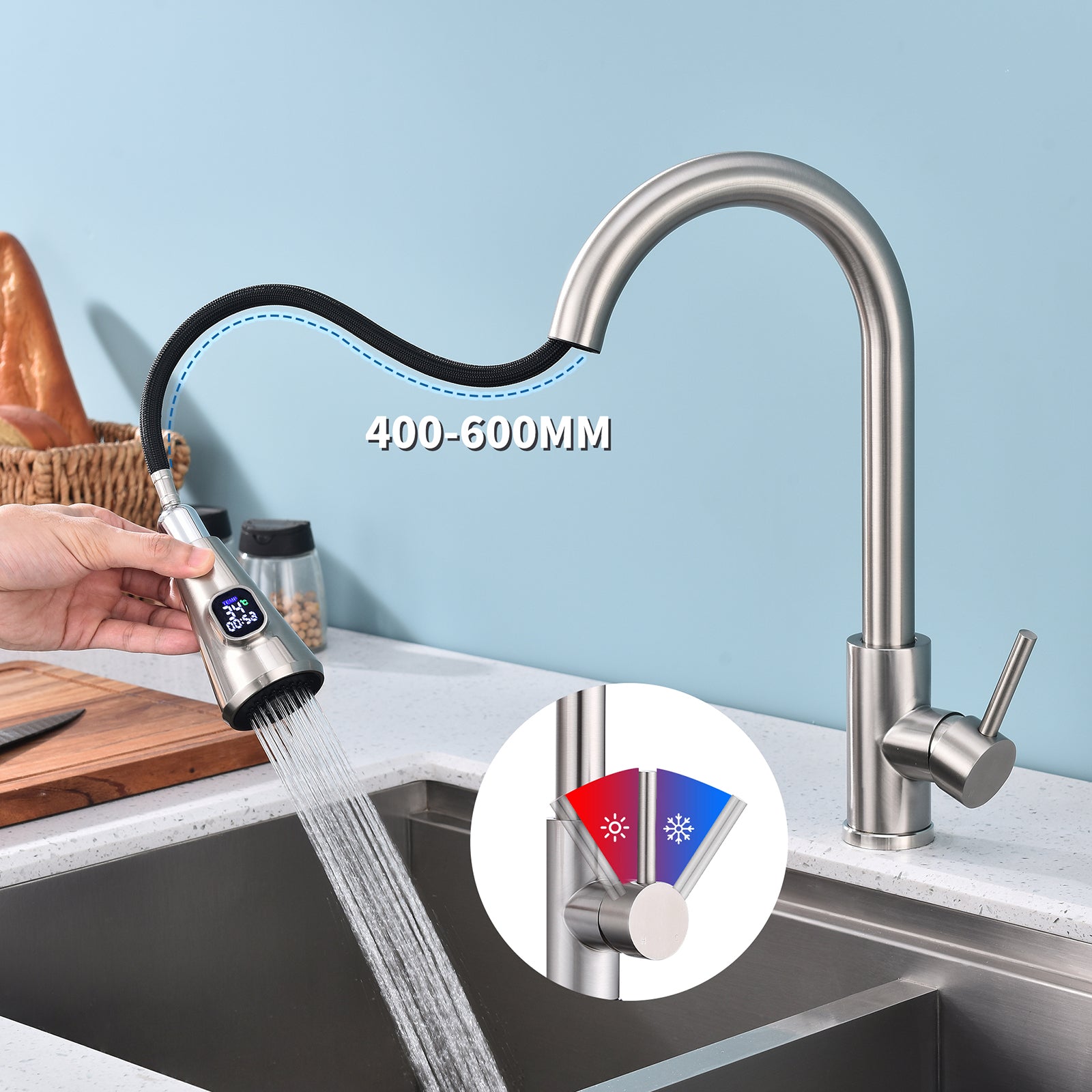 Homelody Robinet Cuisine Avec Affichage LED Température,Mitigeur Cuisine Avec Douchette Pivotant à 360° d'Évier à Arc Élevé Pulvérisateur Escamotable 2 Modes, Acier Inoxydable