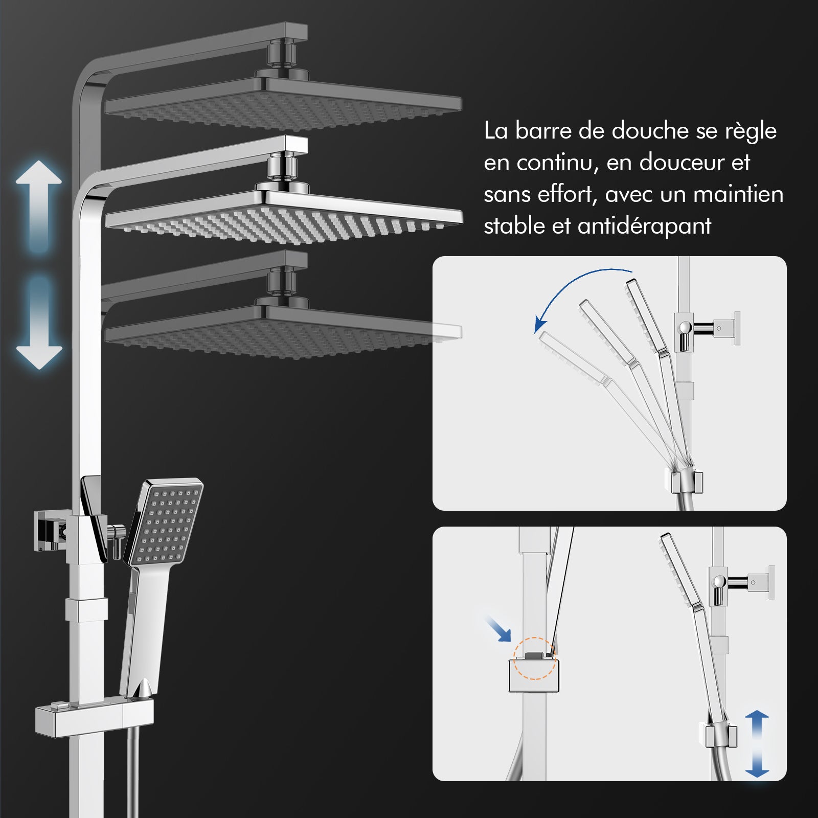 Système de douche Homelody avec thermostat, kit de douche en laiton avec robinetterie Pomme de douche à effet pluie (200 x 200 mm) Douchette, flexible, barre de douche, robinetterie de douche
