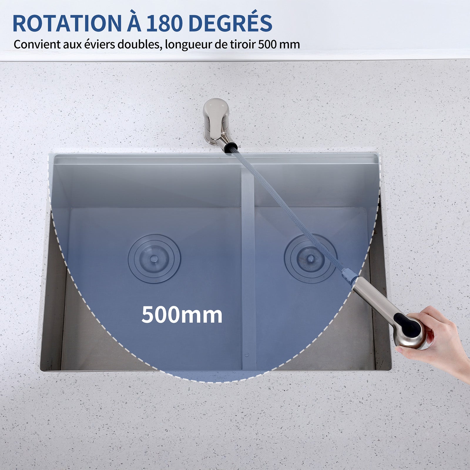 Robinet de Cuisine avec Douchette Extractible Mitigeur de cuisine 180° Bec Rotatif Mitigeur d'Évier en Acier inoxydable Mitigeur Cuisine et Chaude et Froide Noir