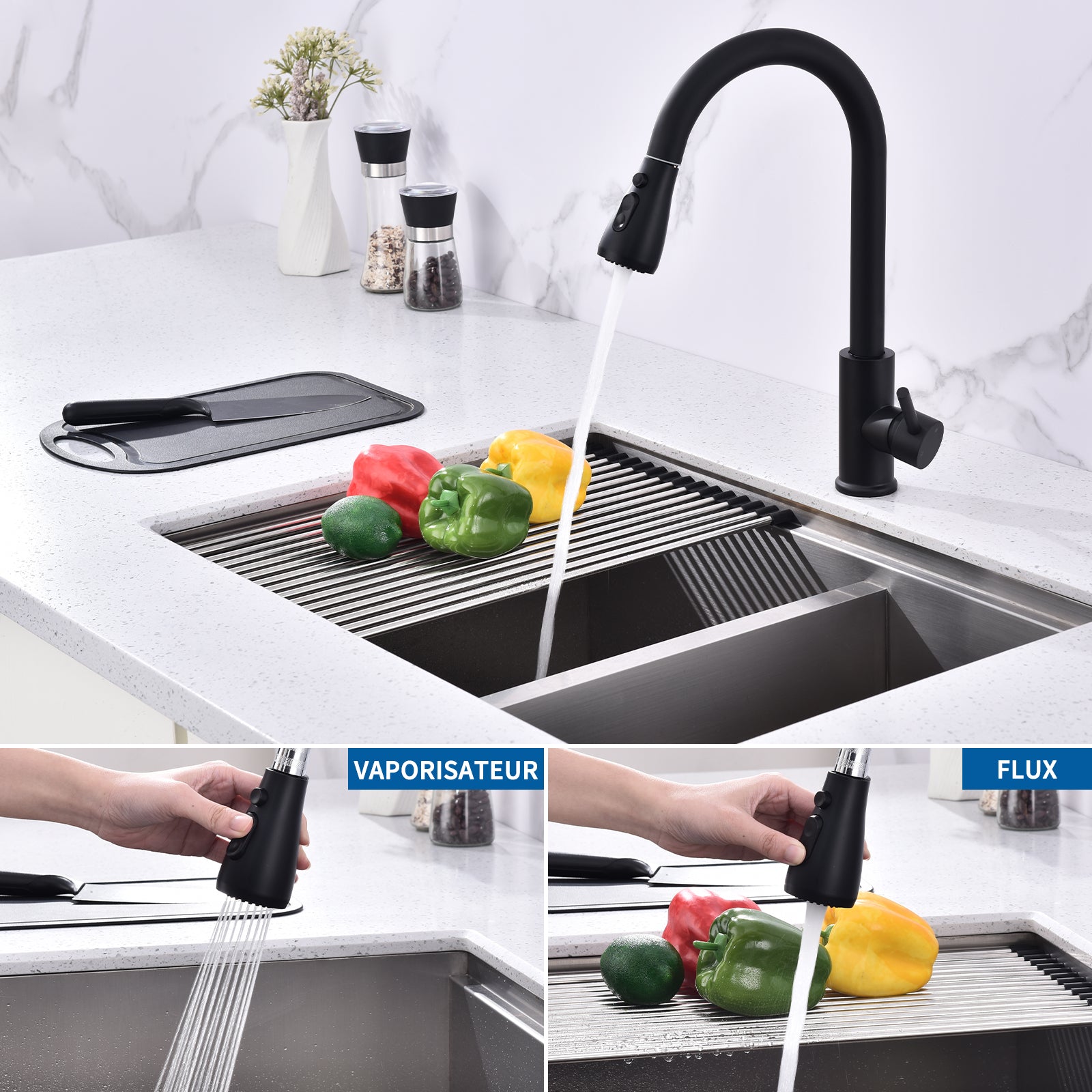 HOMELODY Robinet de cuisine avec douchette - Robinet de cuisine extensible avec 3 modes - Robinet de cuisine rotatif à 360° - Mitigeur d'évier extensible - Mitigeur monocommande en Laiton