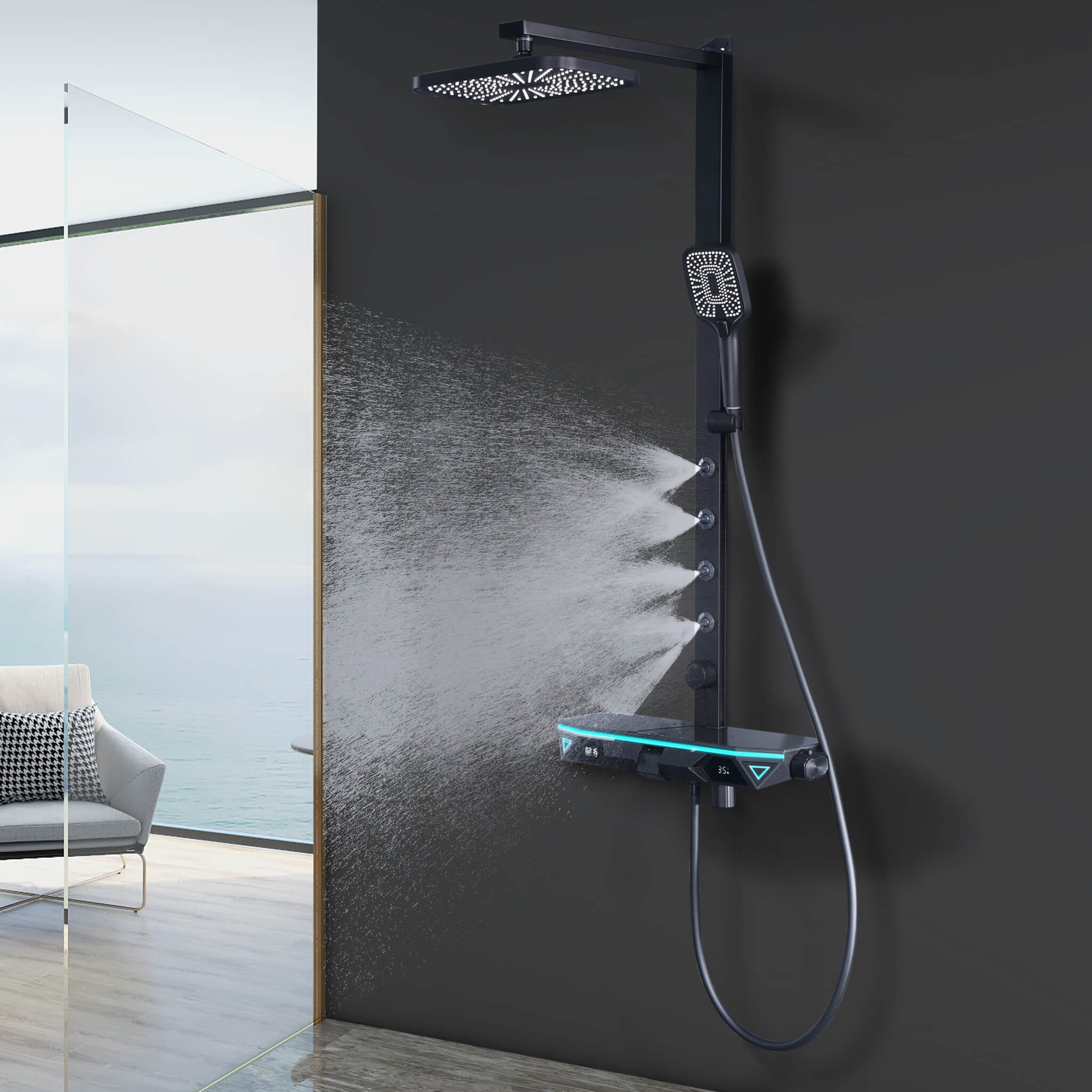 Homelody 38 ℃ Thermostatique Système de douche à affichage numérique avec Plateau de Rangement avec mitigeur de Baignoire pour et Pivotantà 360° backspray, lumière ambiante