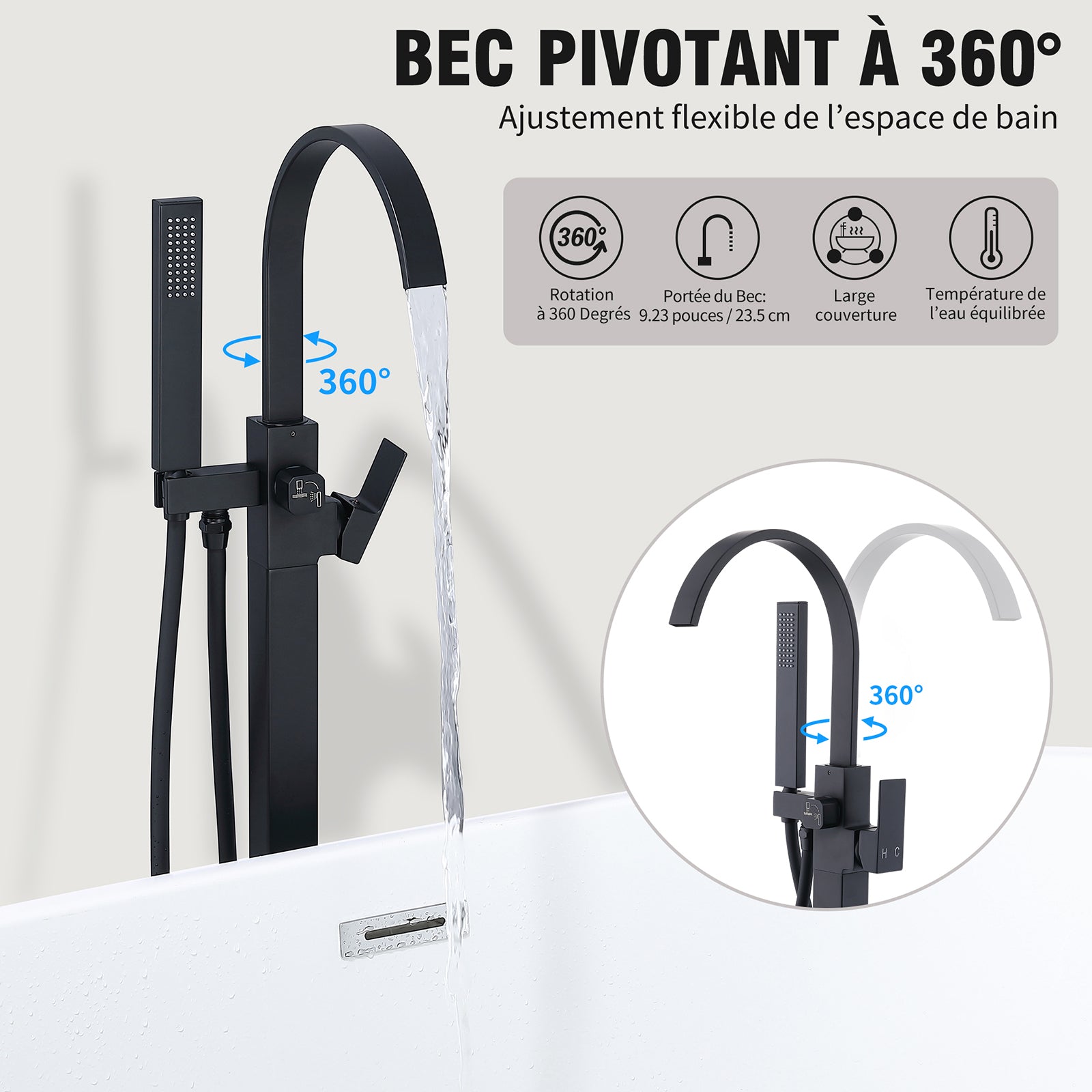 Homelody Mitigeur de Baignoire sur Pied Noir en Laiton, Bec Cascade Pivotant 360°, Double Sortie (Bec + Douchette), Mitigeur Monocommande Réglable