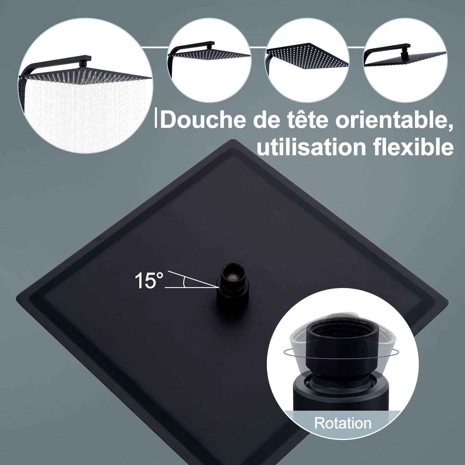 Homelody Colonne de Douche Thermostatique Système de Douche Hauteur Réglable Colonne de Douche Avec Grand Jet de Plafond Carré de 12 Pouces Ensemble de Douche Noir Corps en Laiton