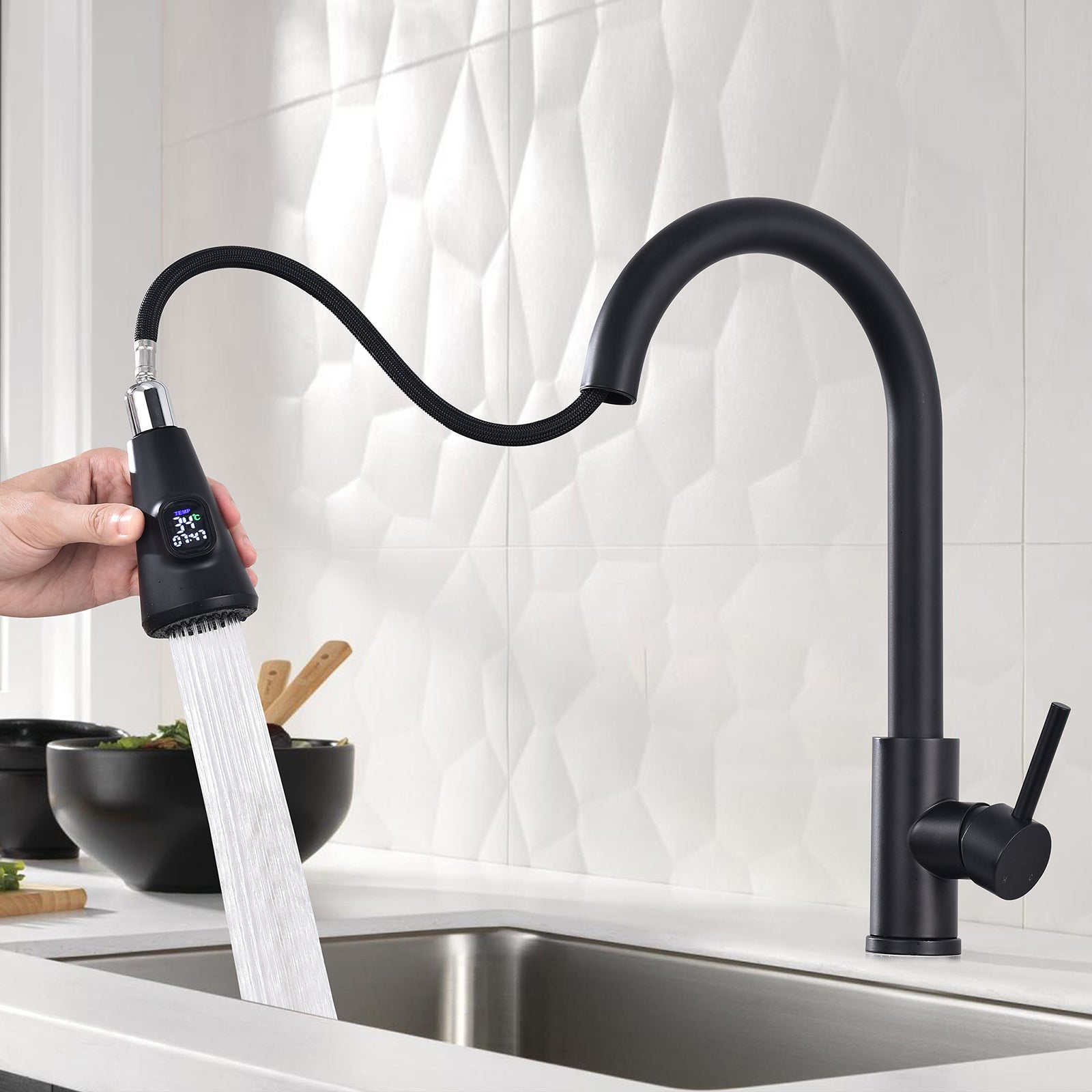 Homelody Robinet Cuisine Avec Affichage LED Température,Mitigeur Cuisine Avec Douchette Pivotant à 360° d'Évier à Arc Élevé Pulvérisateur Escamotable 2 Modes, Acier Inoxydable