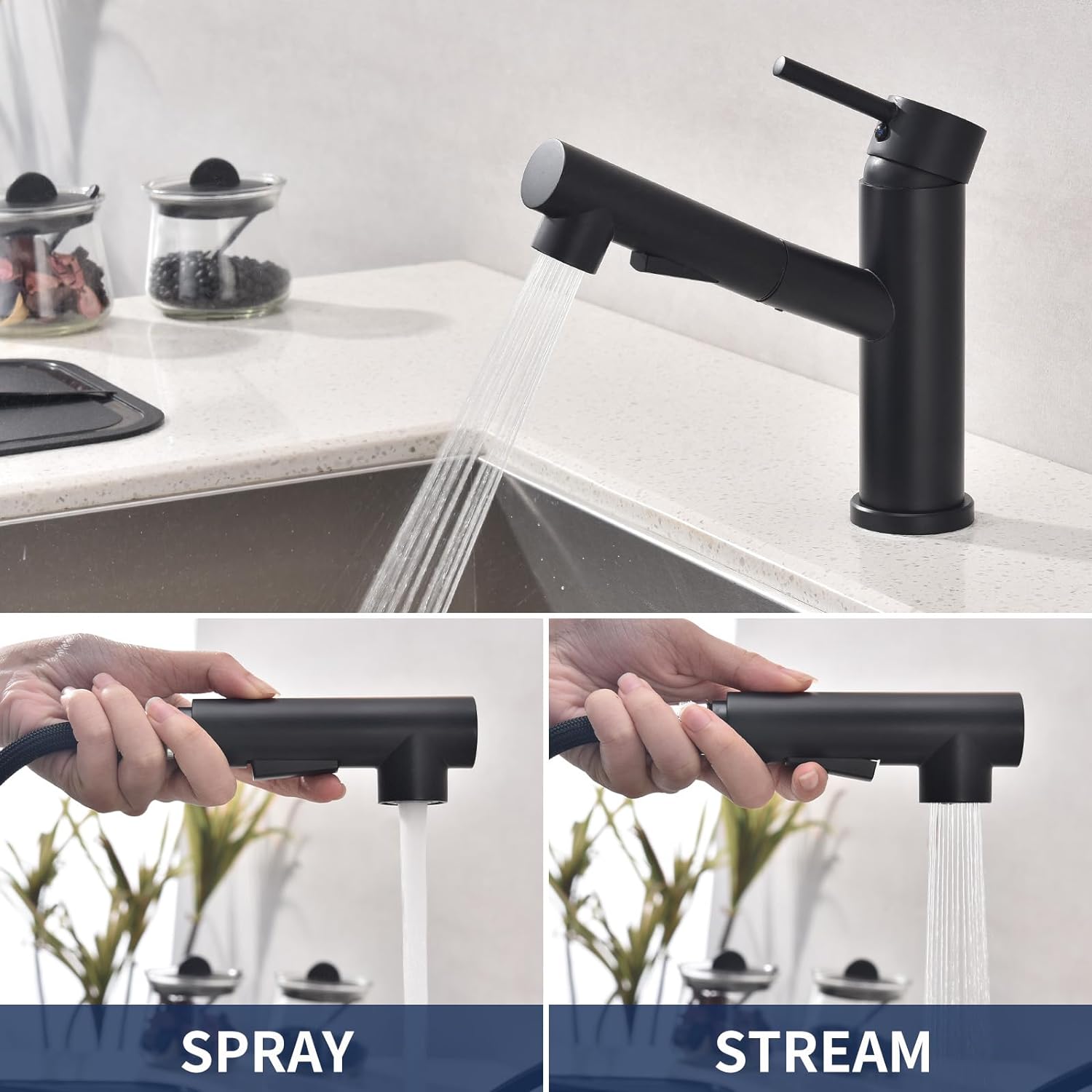 HOMELODY Robinet de cuisine/salle de bain noir extensible avec douchette deux types de jet d'eau, unique robinet d'évier de cuisine mitigeur de cuisine en laiton