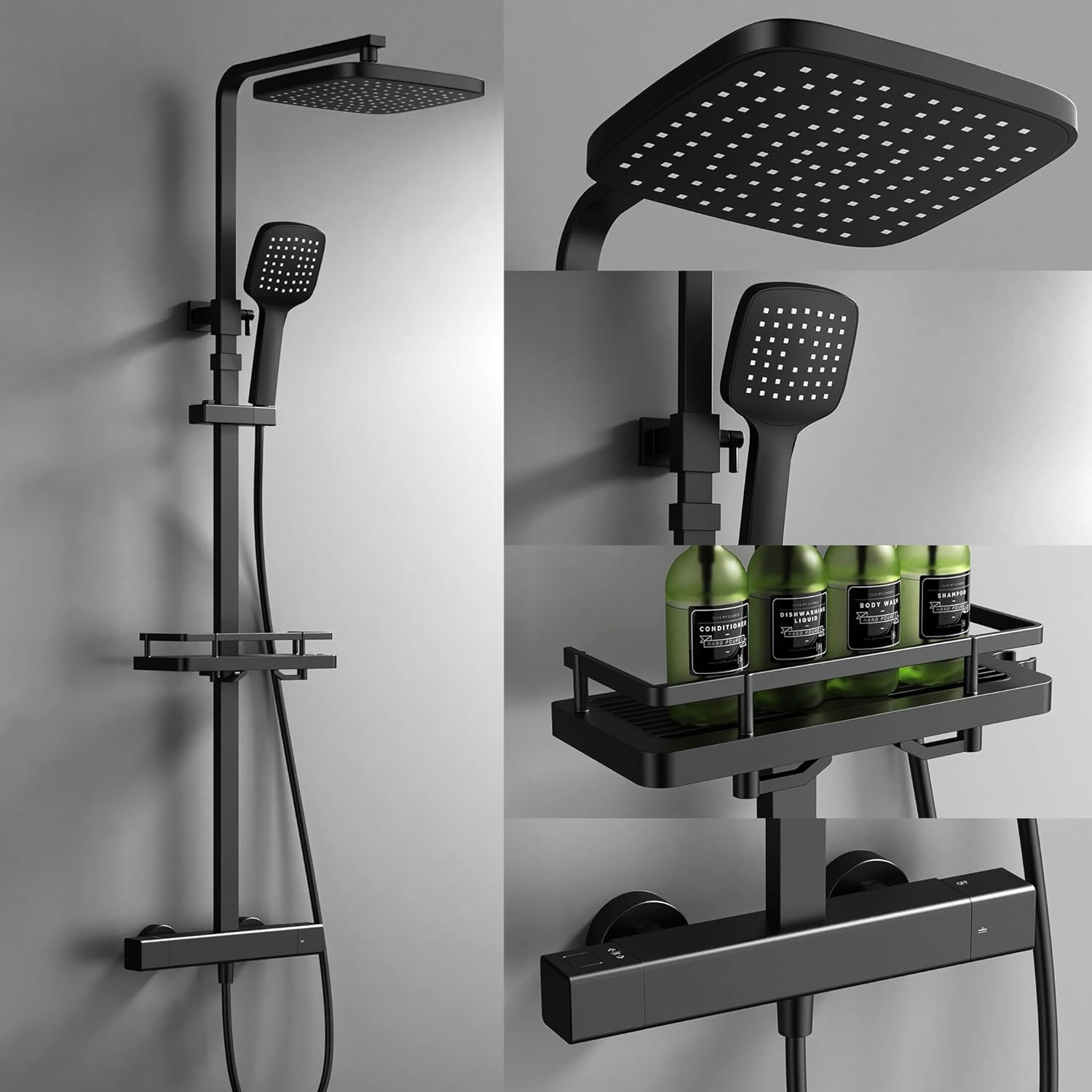 HOMELODY Système de douche avec thermostat et étagère de douche noir - Hauteur réglable - Verrouillage de sécurité à 38 °C