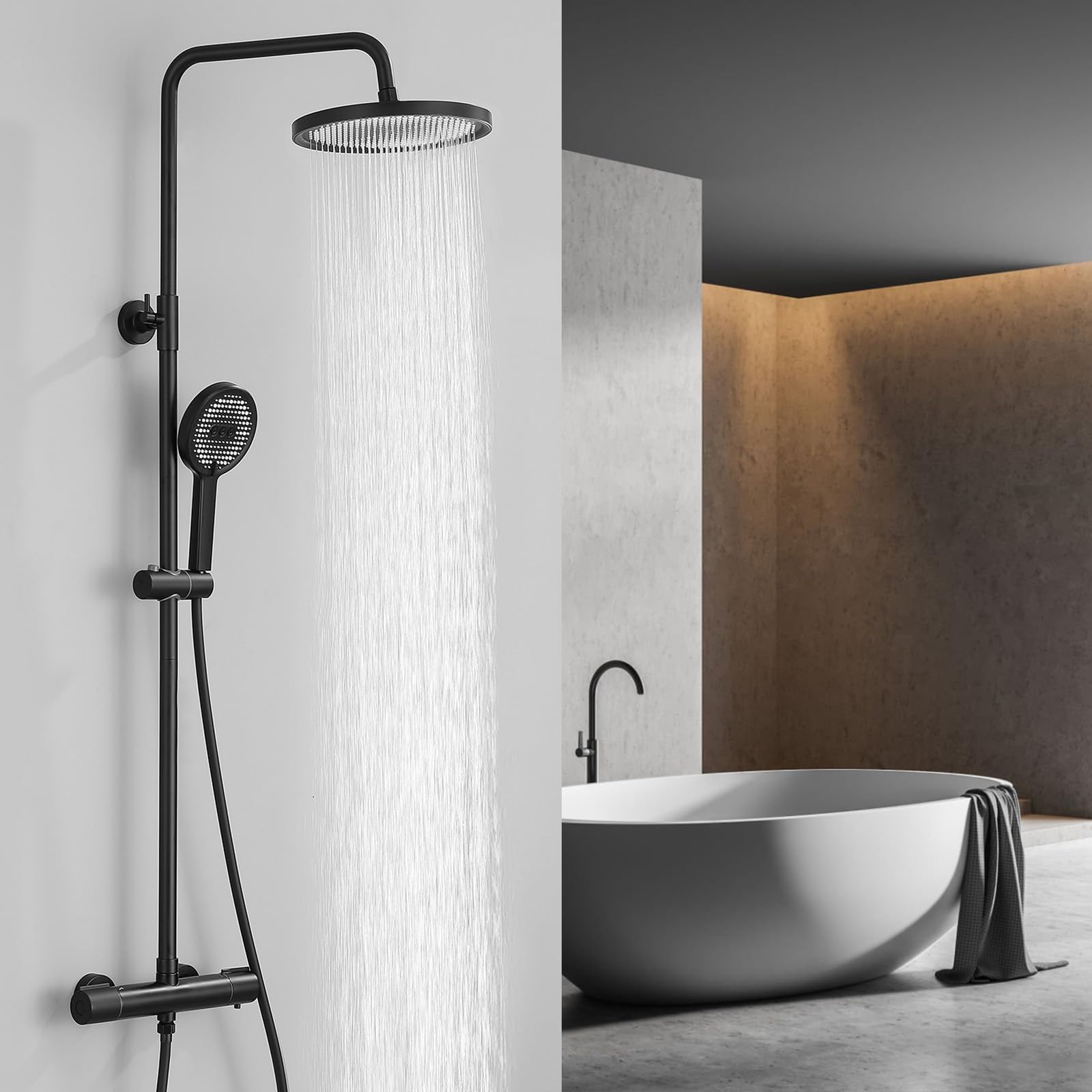 HOMELODY Système de douche, avec thermostat, robinet de douche, 3 types de jets, pommeau de douche rond, douche de pluie, avec robinet, pommeau de douche de 30 cm, noir