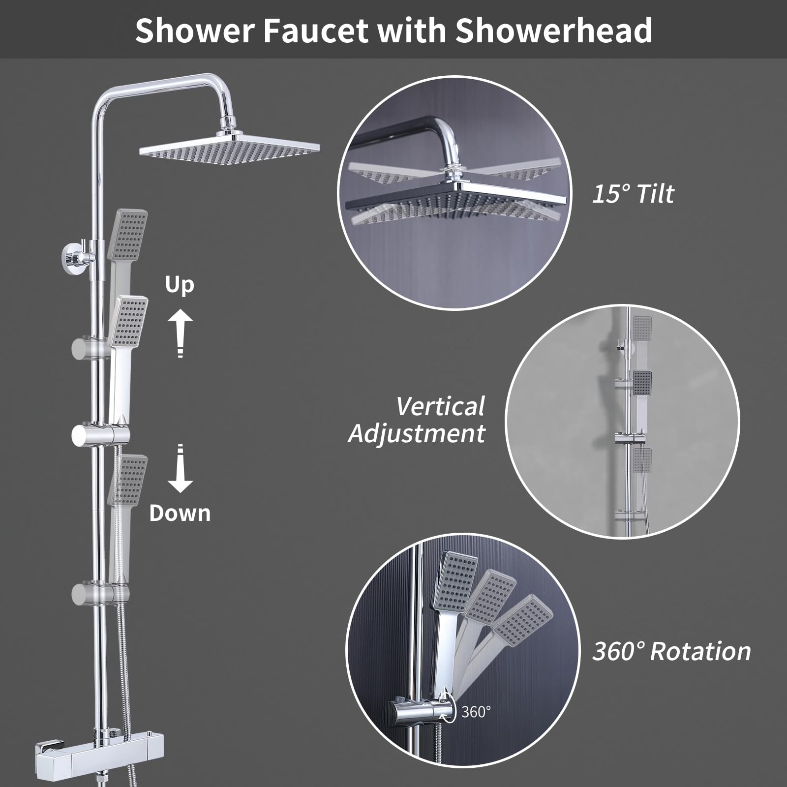 HOMELODY Système de douche avec thermostat chromé - Robinet de douche en acier inoxydable - Douche de pluie avec robinet avec verrouillage de sécurité à 38 °C - Douchette ABS - Douchette de tête -