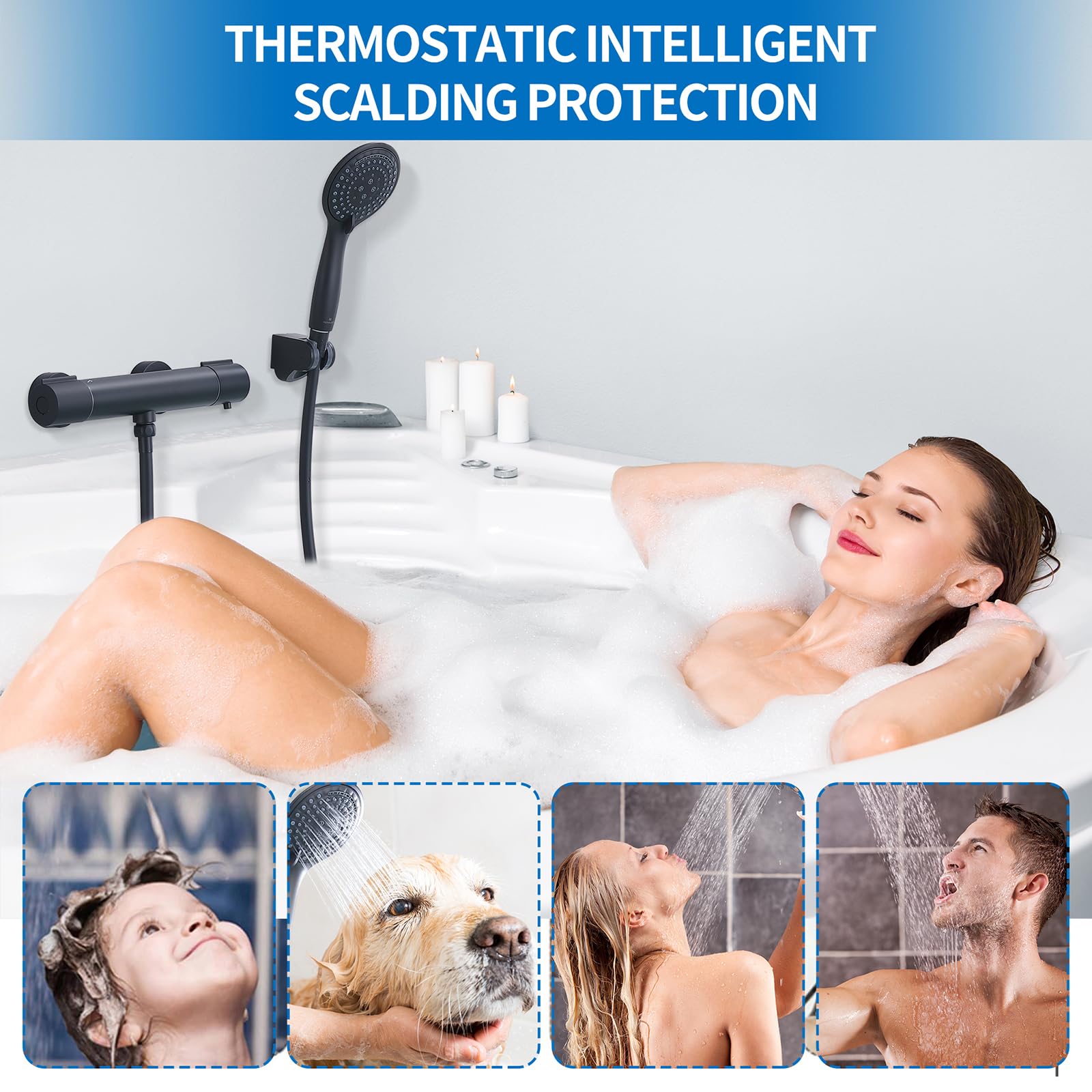 Homelody Mitigeur de Douche Thermostatique 38°C Noir Robinet de Bain Universel en Laiton Chromé pour Salle de Bains Interface Standard G1/2