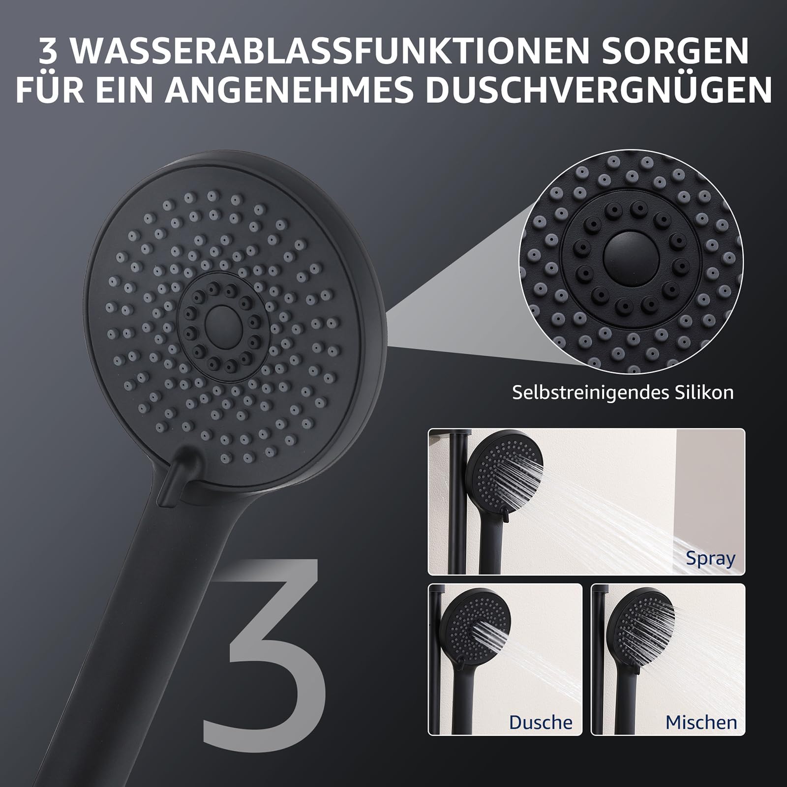 Homelody Système de douche sans thermostat, douche à effet pluie, douchette, hauteur réglable, en acier inoxydable SUS304, noir