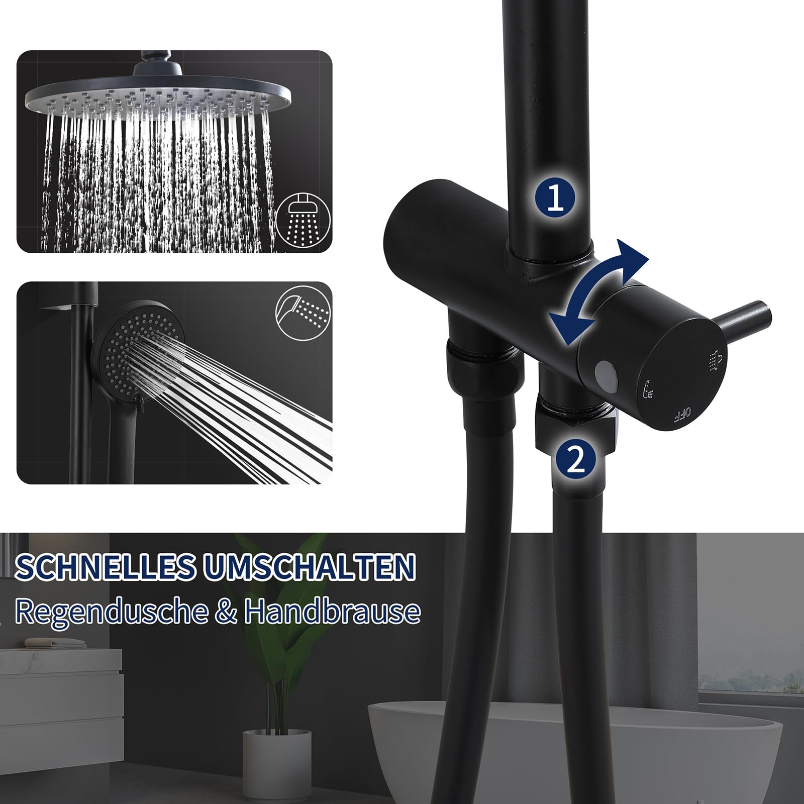 Homelody Système de douche sans thermostat, douche à effet pluie, douchette, hauteur réglable, en acier inoxydable SUS304, noir