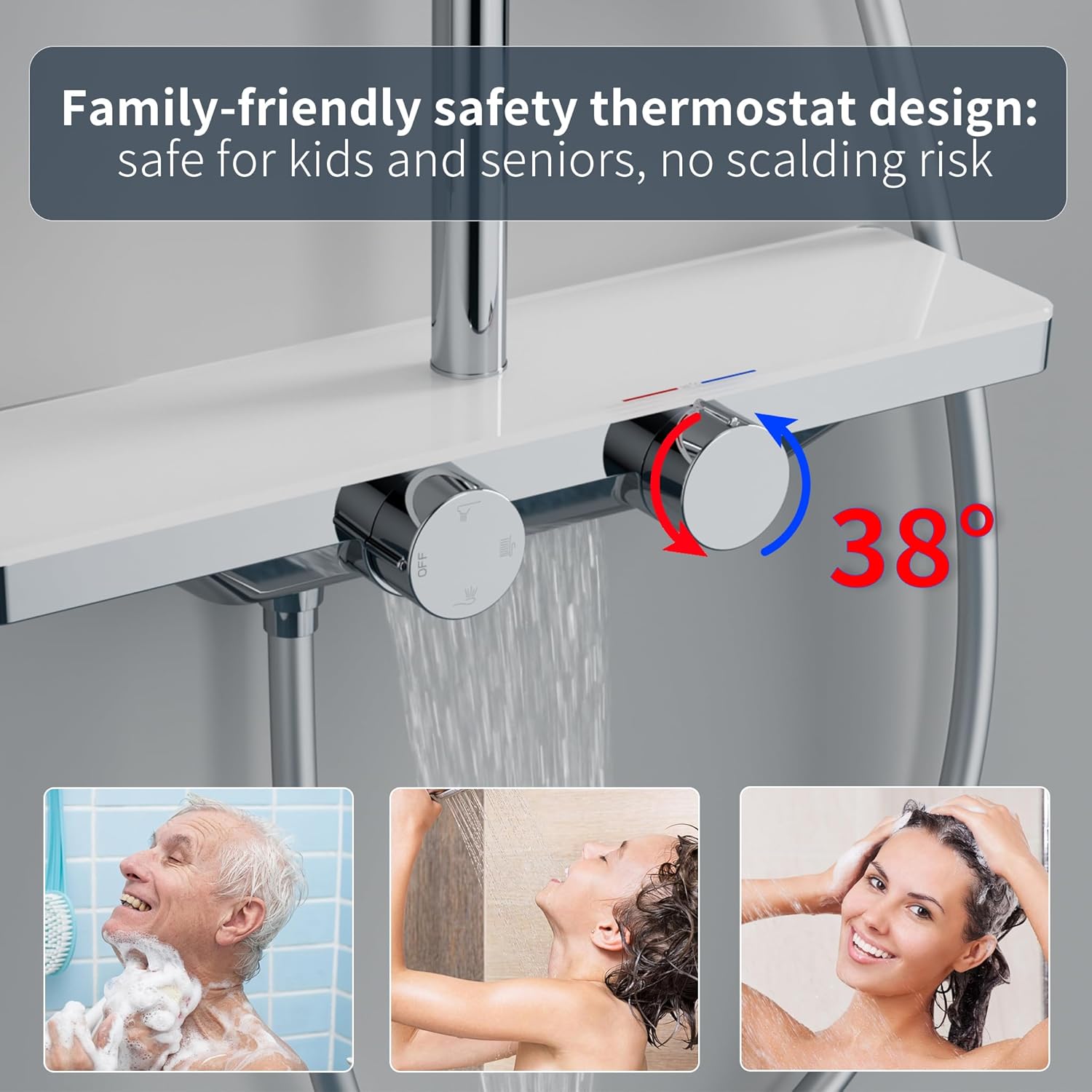 HOMELODY Système de douche avec thermostat et étagère en verre chromé – Robinet de douche complet avec douchette de 30 cm, 3 types de jet et bec inférieur
