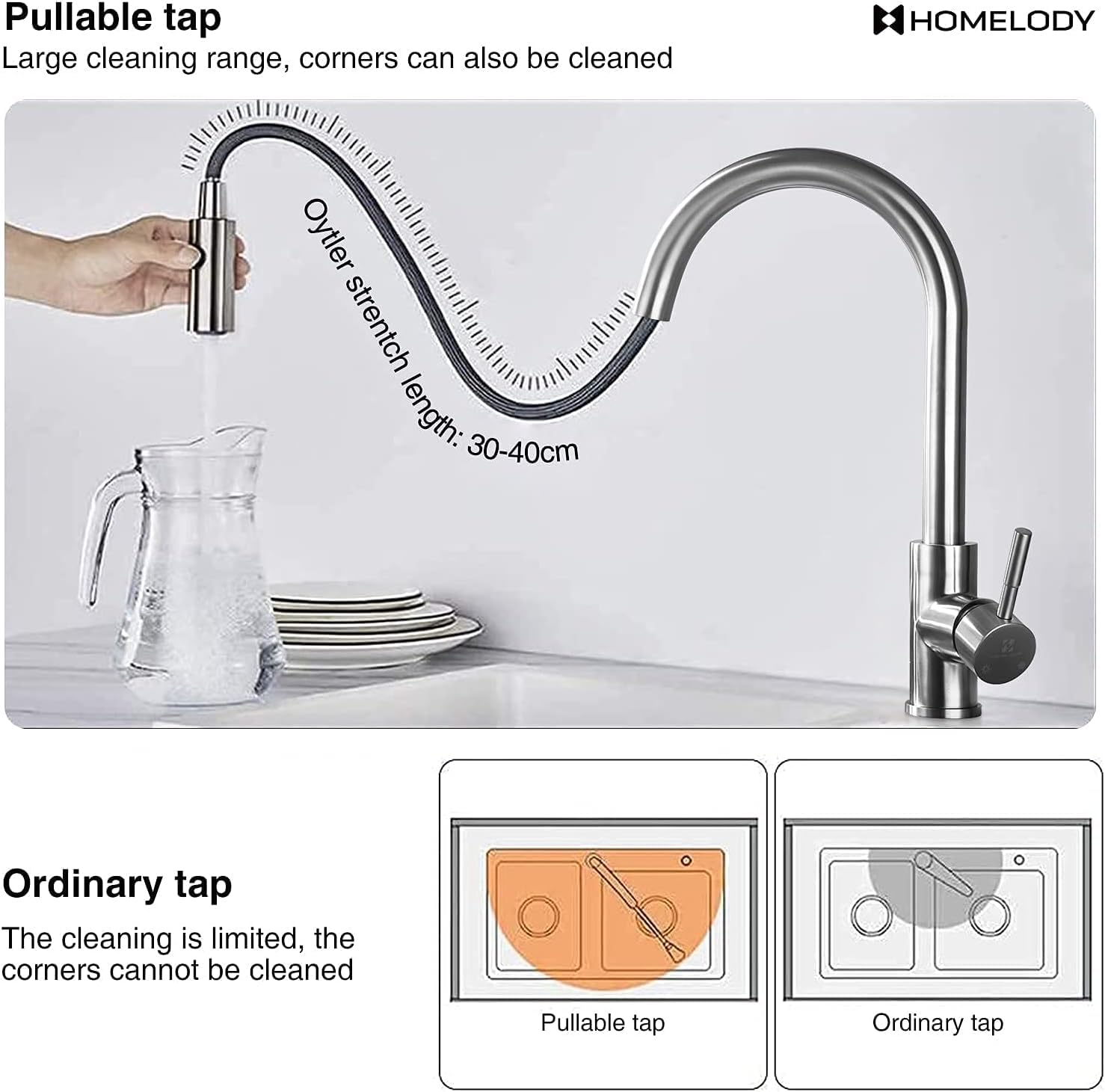 HOMELODY Robinet de cuisine pivotant à 360° avec douchette extensible - Robinet d'évier avec 2 modes de pulvérisation - Robinet haute pression