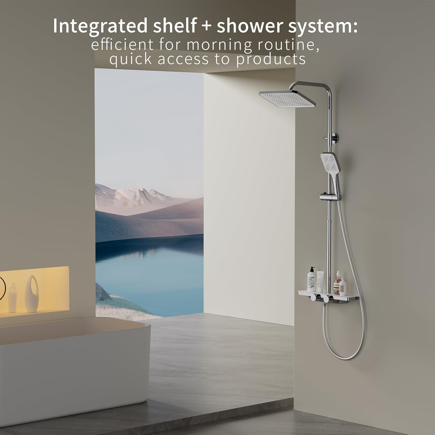 HOMELODY Système de douche avec thermostat et étagère en verre chromé – Robinet de douche complet avec douchette de 30 cm, 3 types de jet et bec inférieur