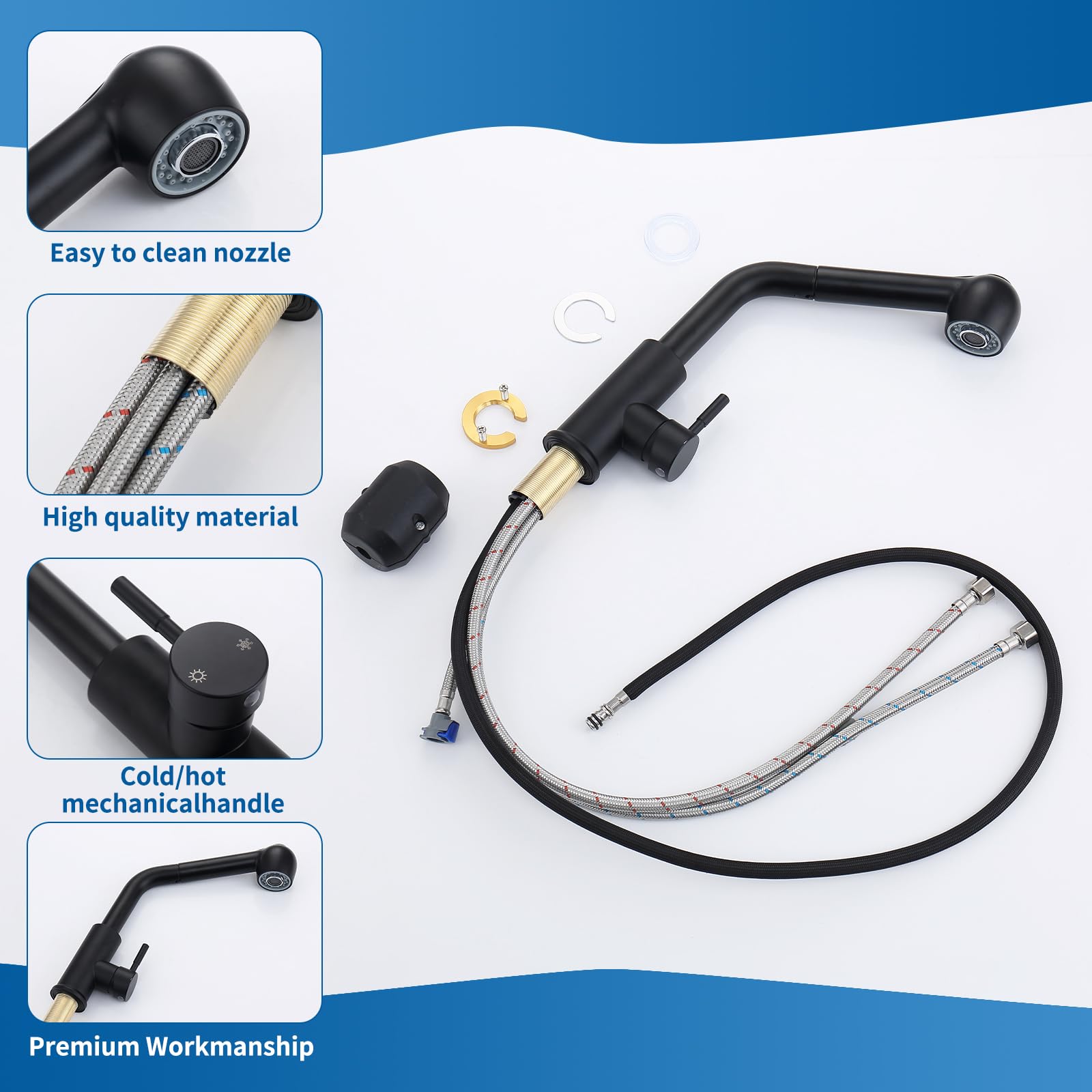 HOMELODY Robinet d'évier avec douchette extensible, robinet de cuisine avec 2 types de jets, en acier inoxydable 304, mitigeur haute pression, rotatif à 360°