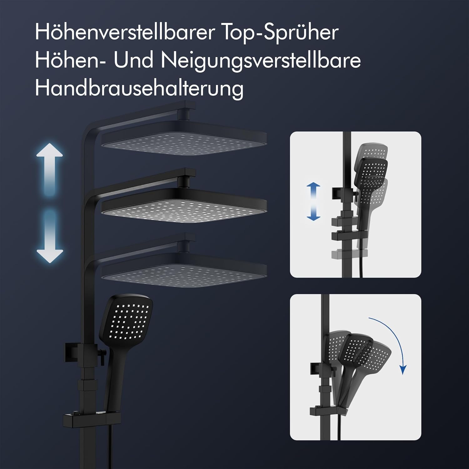 HOMELODY Système de douche avec thermostat et étagère de douche noir - Hauteur réglable - Verrouillage de sécurité à 38 °C