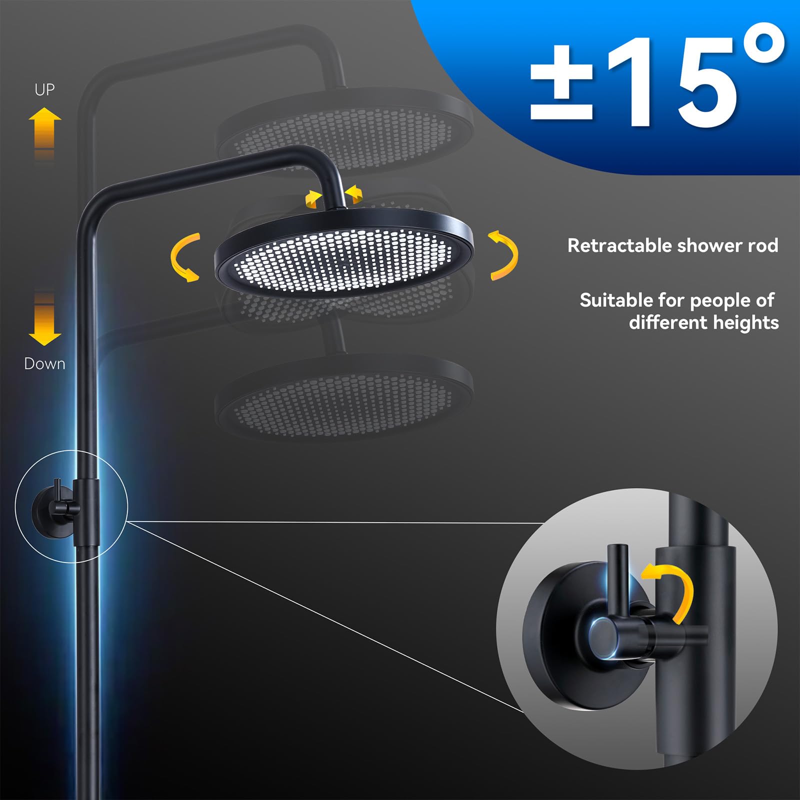 HOMELODY Système de douche, avec thermostat, robinet de douche, 3 types de jets, pommeau de douche rond, douche de pluie, avec robinet, pommeau de douche de 30 cm, noir