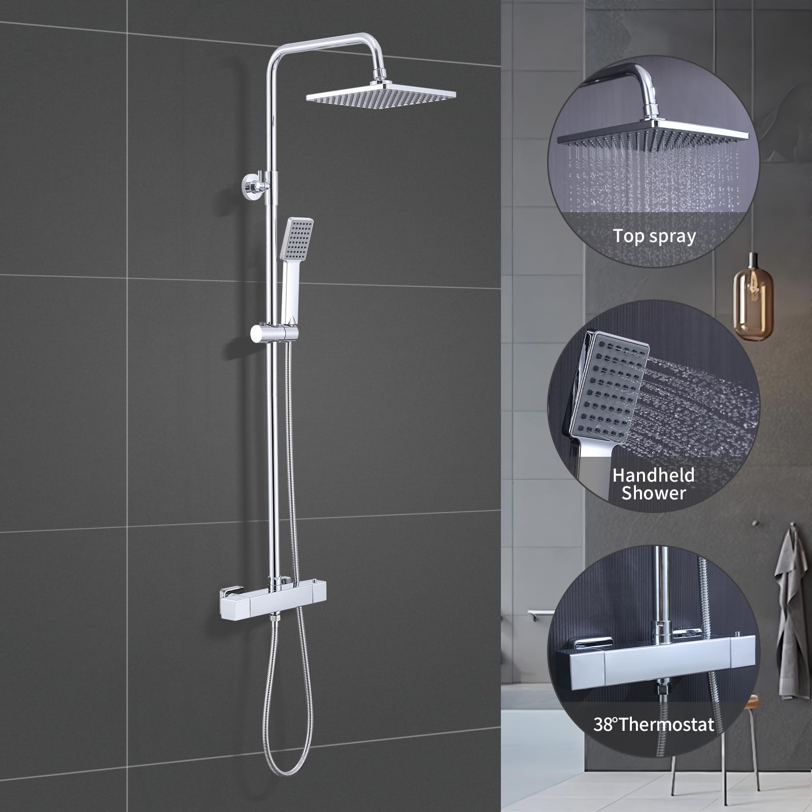 HOMELODY Système de douche avec thermostat chromé - Robinet de douche en acier inoxydable - Douche de pluie avec robinet avec verrouillage de sécurité à 38 °C - Douchette ABS - Douchette de tête -