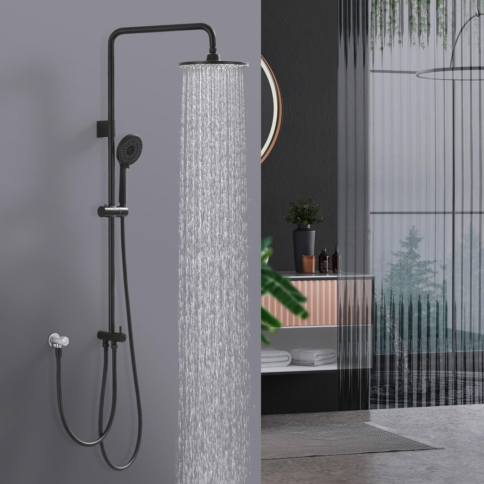 Homelody Système de douche sans thermostat, douche à effet pluie, douchette, hauteur réglable, en acier inoxydable SUS304, noir
