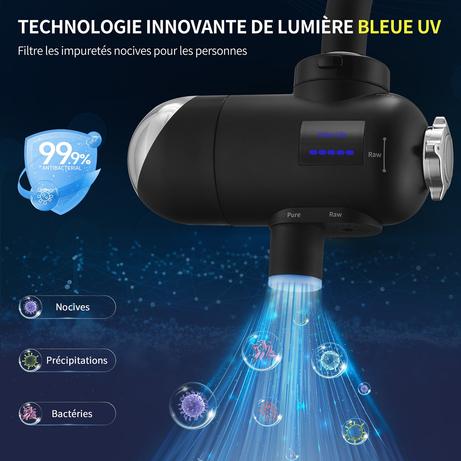HOMELODY Filtre à eau robinet 3.0 avec affichage LED, filtre à eau potable pour cuisine, élimine le chlore, les métaux lourds et le mauvais goût, 12 adaptateurs avec lumière bleue (1 filtre inclus)