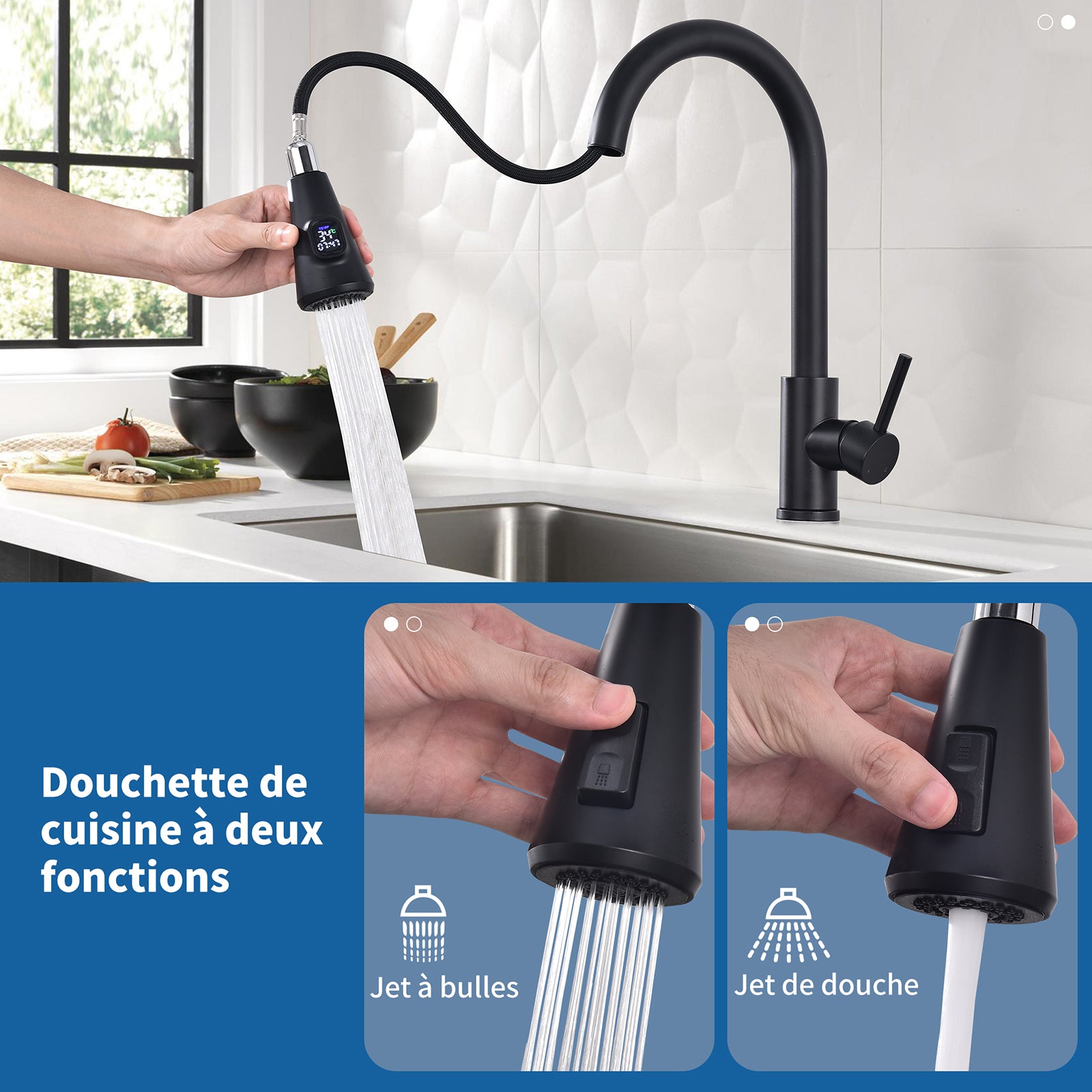 Homelody Robinet Cuisine Avec Affichage LED Température,Mitigeur Cuisine Avec Douchette Pivotant à 360° d'Évier à Arc Élevé Pulvérisateur Escamotable 2 Modes, Acier Inoxydable