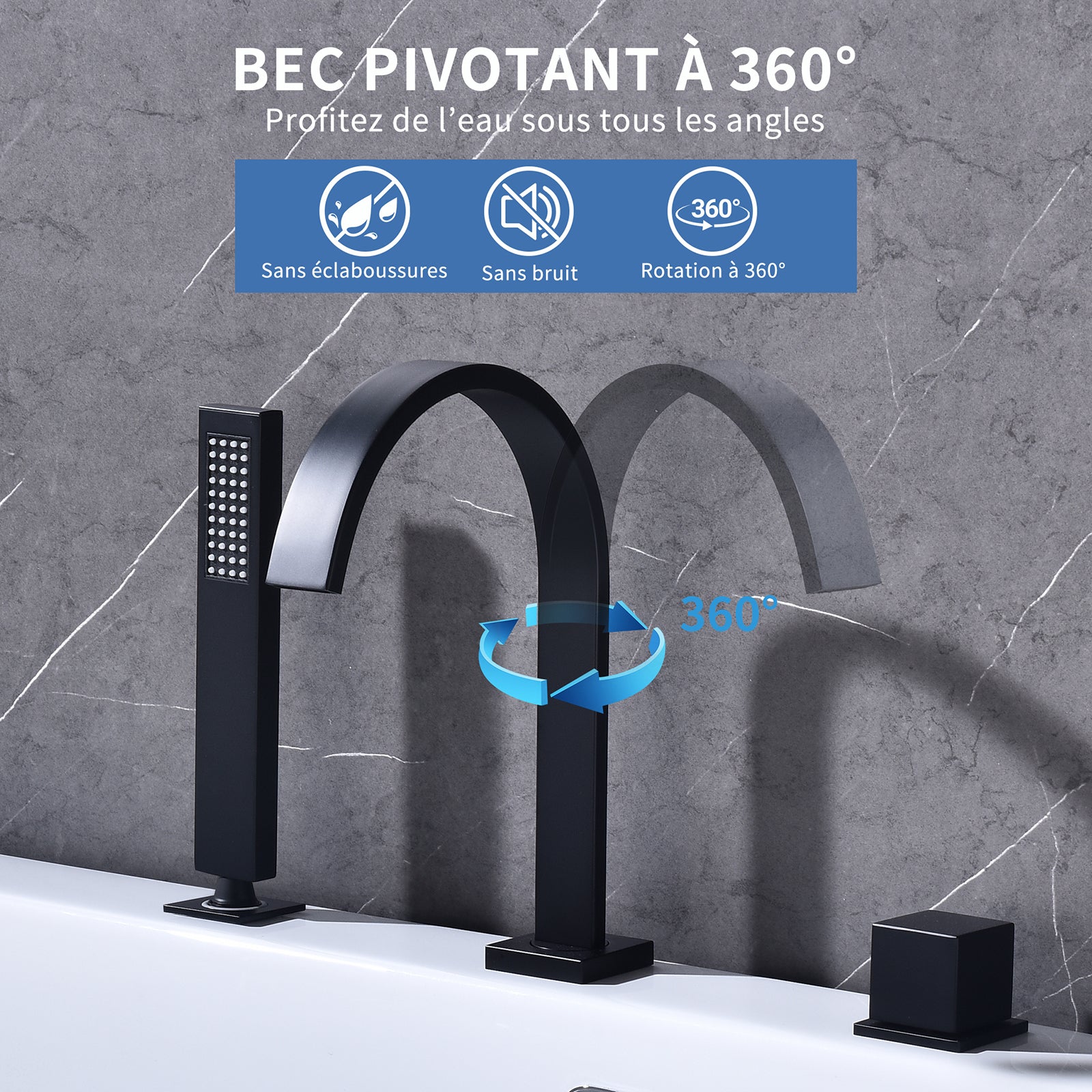 Homelody Robinet Baignoire 4 Trous Noir, Bec Cascade Pivotant 360°, Mitigeur Bain-Douche en Laiton Durable avec Douchette