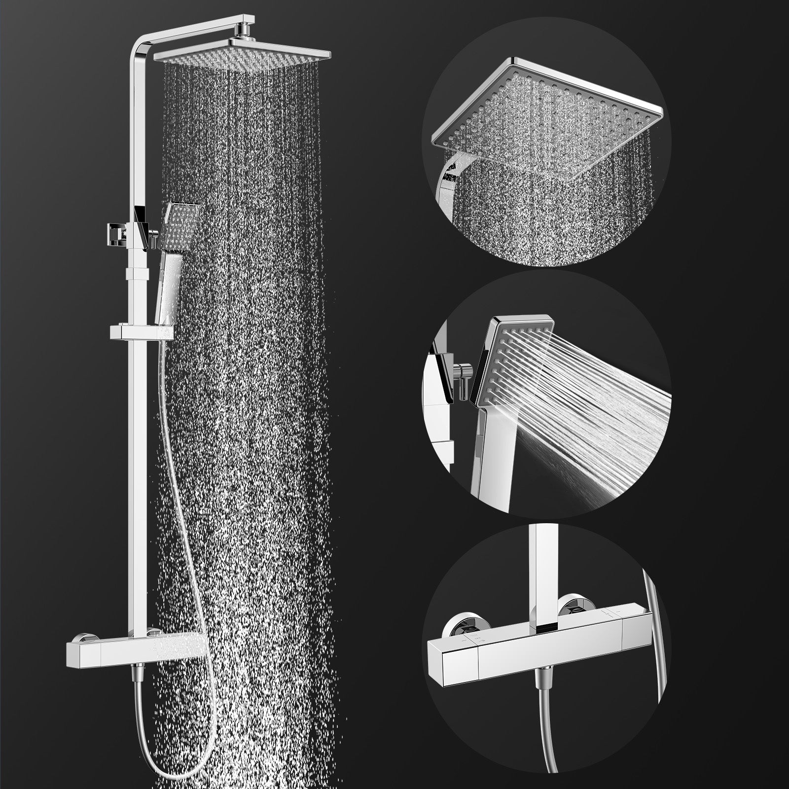 Système de douche Homelody avec thermostat, kit de douche en laiton avec robinetterie Pomme de douche à effet pluie (200 x 200 mm) Douchette, flexible, barre de douche, robinetterie de douche