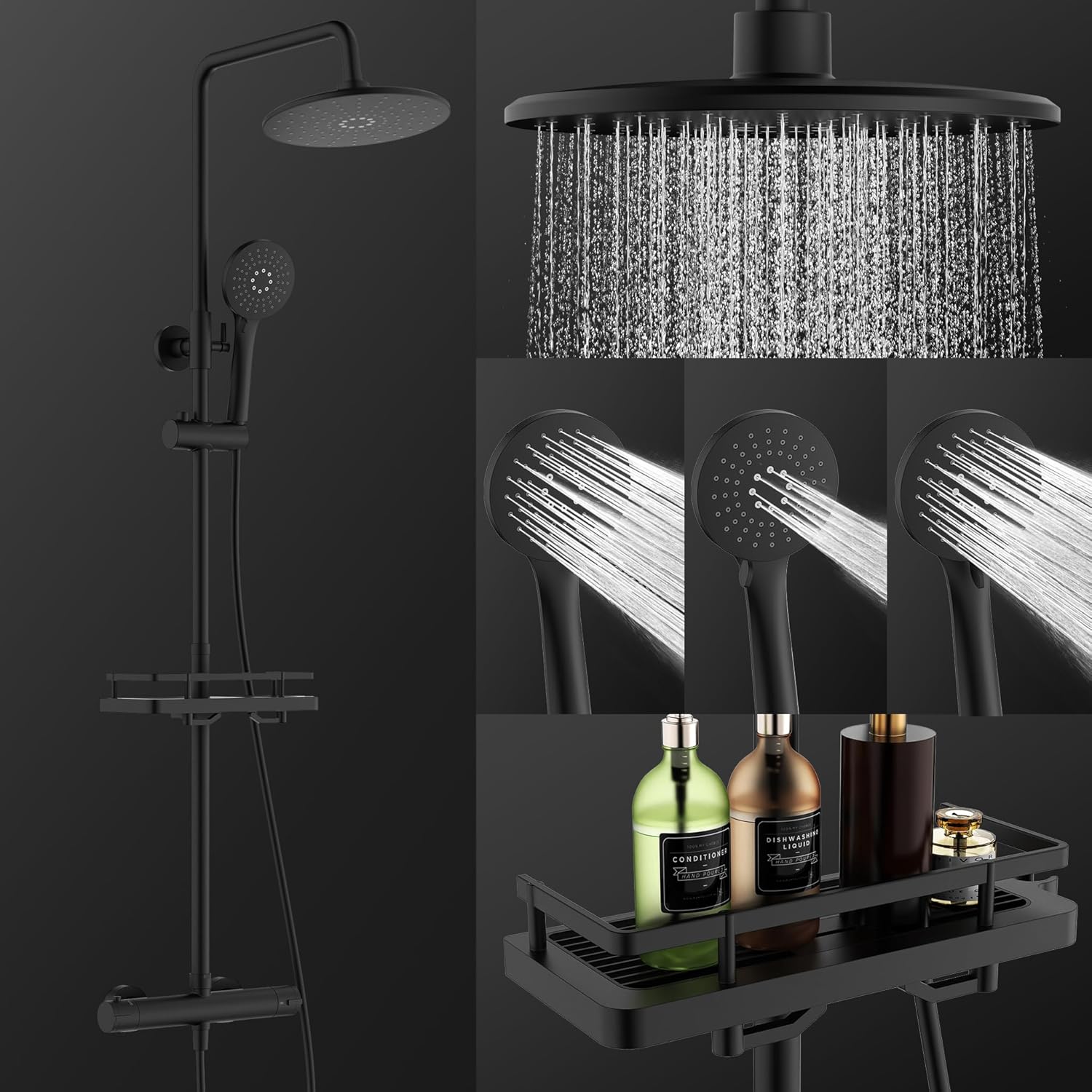 HOMELODY Système de douche avec thermostat noir - Kit complet rond