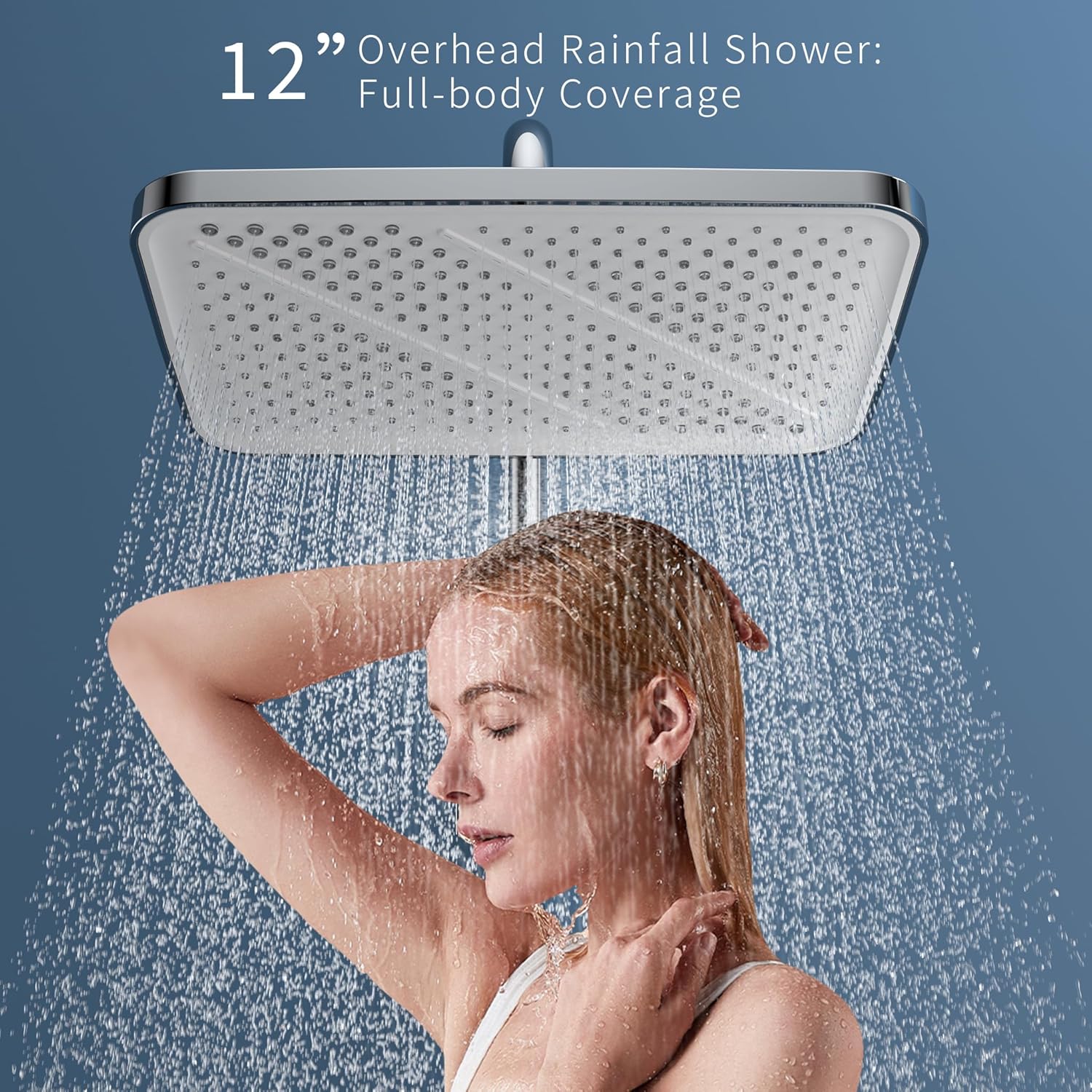 HOMELODY Système de douche avec thermostat et étagère en verre chromé – Robinet de douche complet avec douchette de 30 cm, 3 types de jet et bec inférieur
