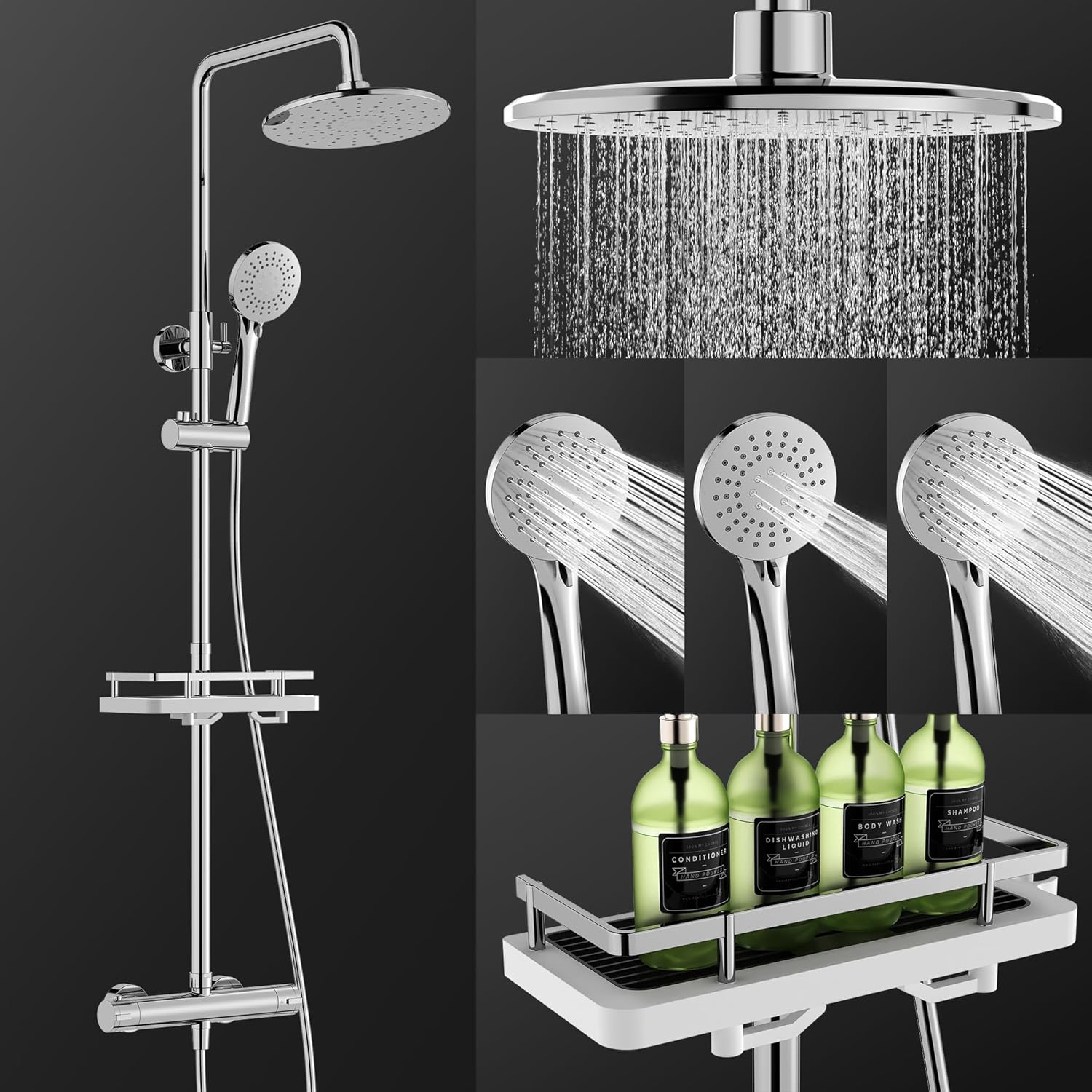 HOMELODY Système de douche avec thermostat, robinet de douche chromé, kit complet rond
