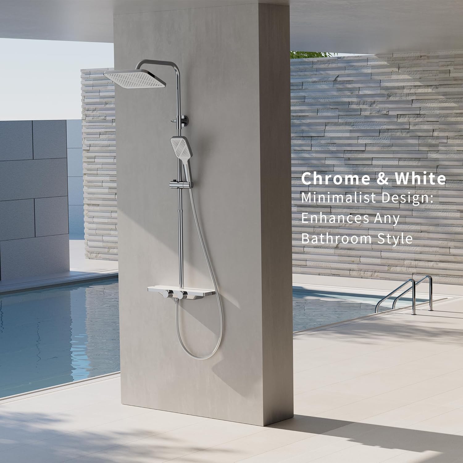 HOMELODY Système de douche avec thermostat et étagère en verre chromé – Robinet de douche complet avec douchette de 30 cm, 3 types de jet et bec inférieur